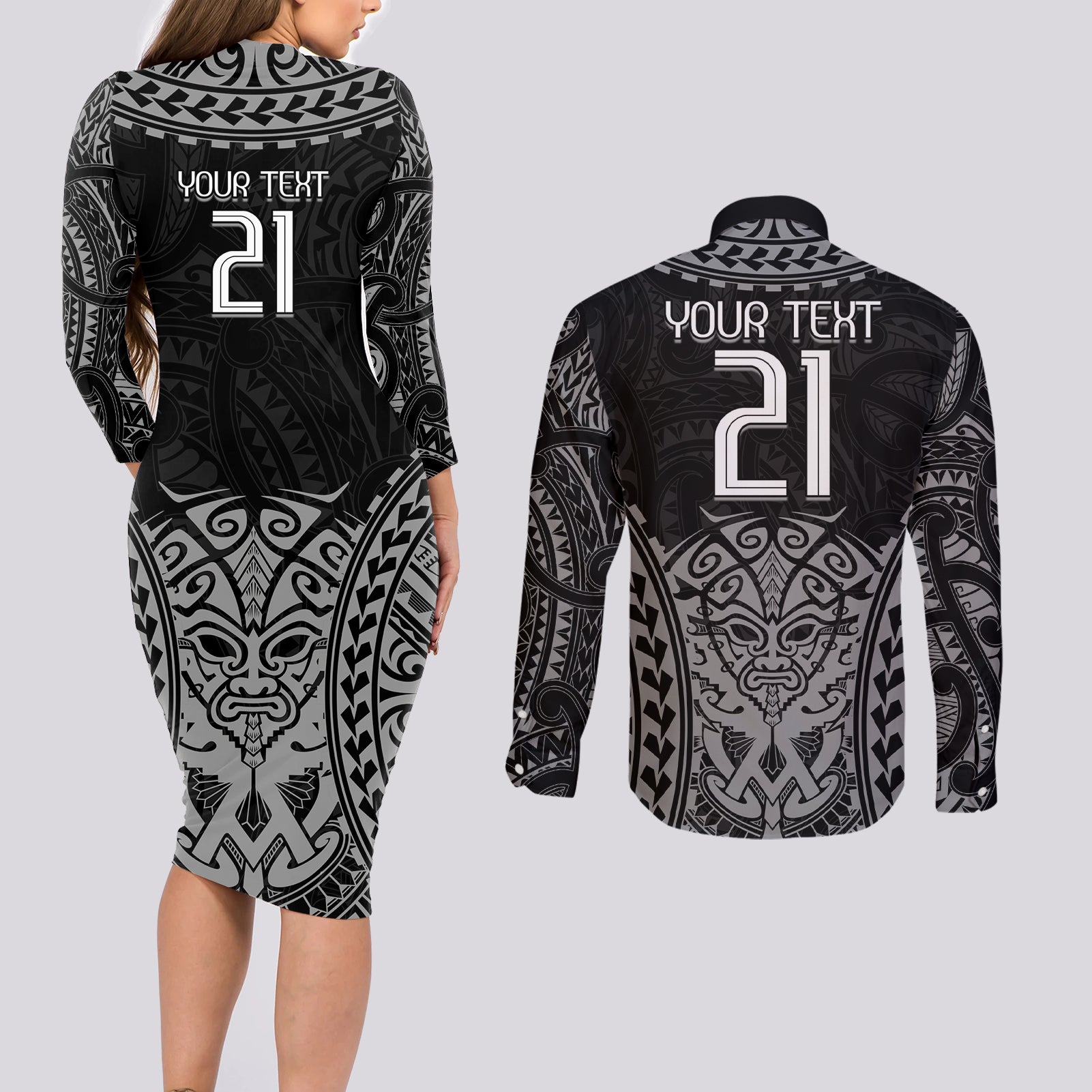 Custom New Zealand Rugby Couples Matching Long Sleeve Bodycon Dress and Long Sleeve Button Shirt Maori All Black Warrior Tribal Tattoo