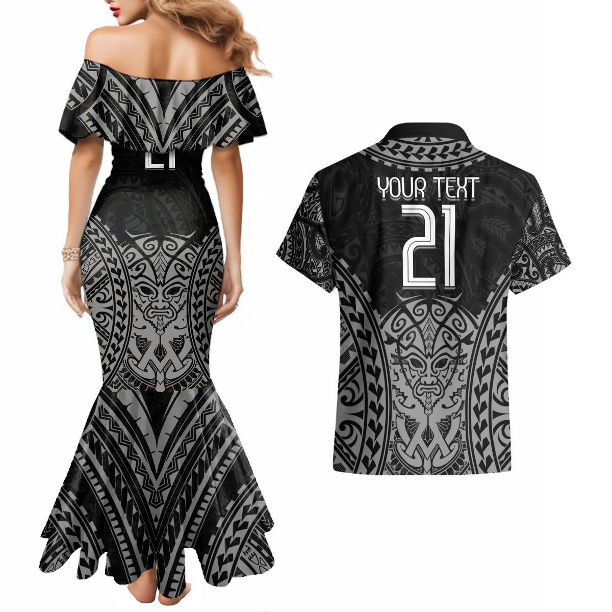 Custom New Zealand Rugby Couples Matching Mermaid Dress and Hawaiian Shirt Maori All Black Warrior Tribal Tattoo