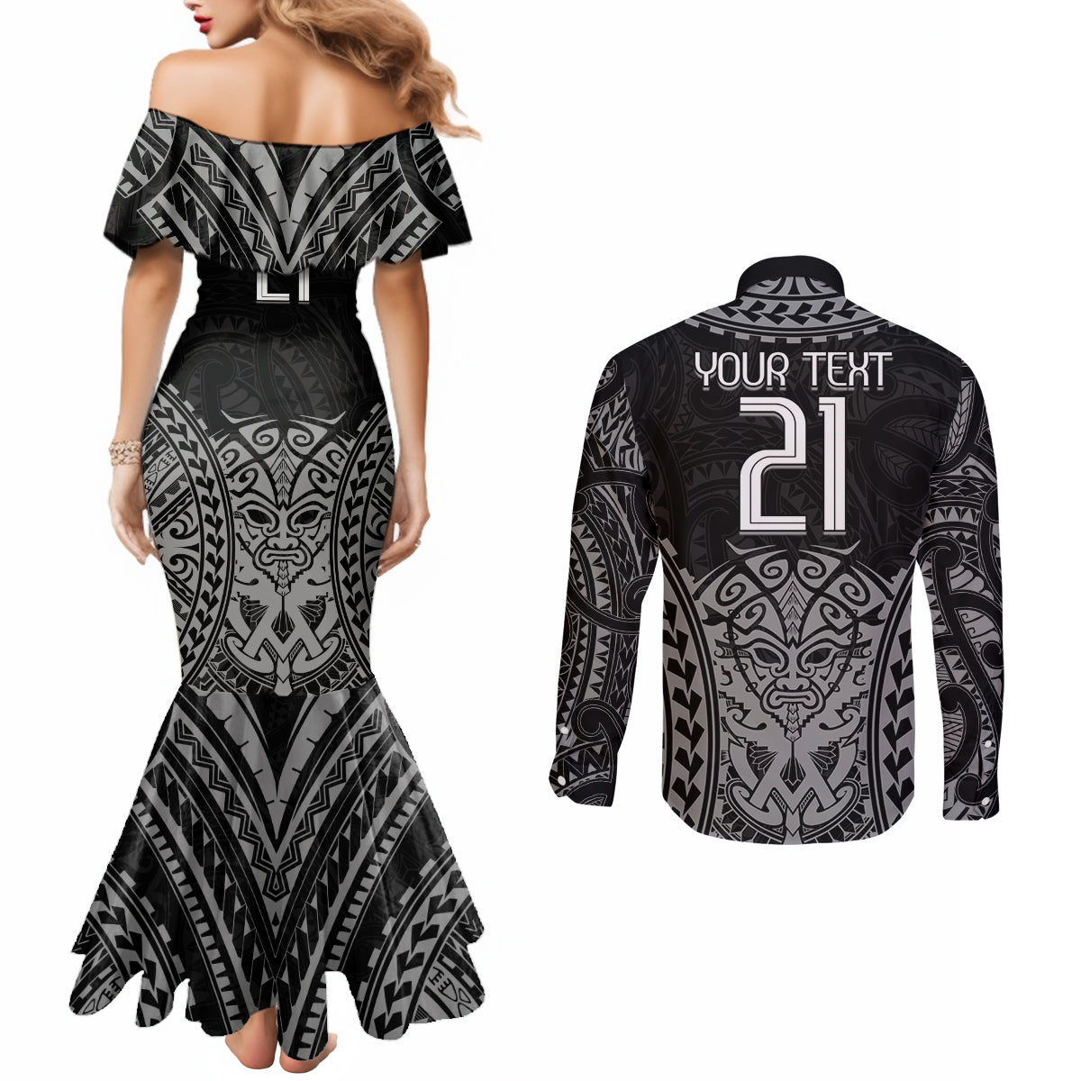 Custom New Zealand Rugby Couples Matching Mermaid Dress and Long Sleeve Button Shirt Maori All Black Warrior Tribal Tattoo