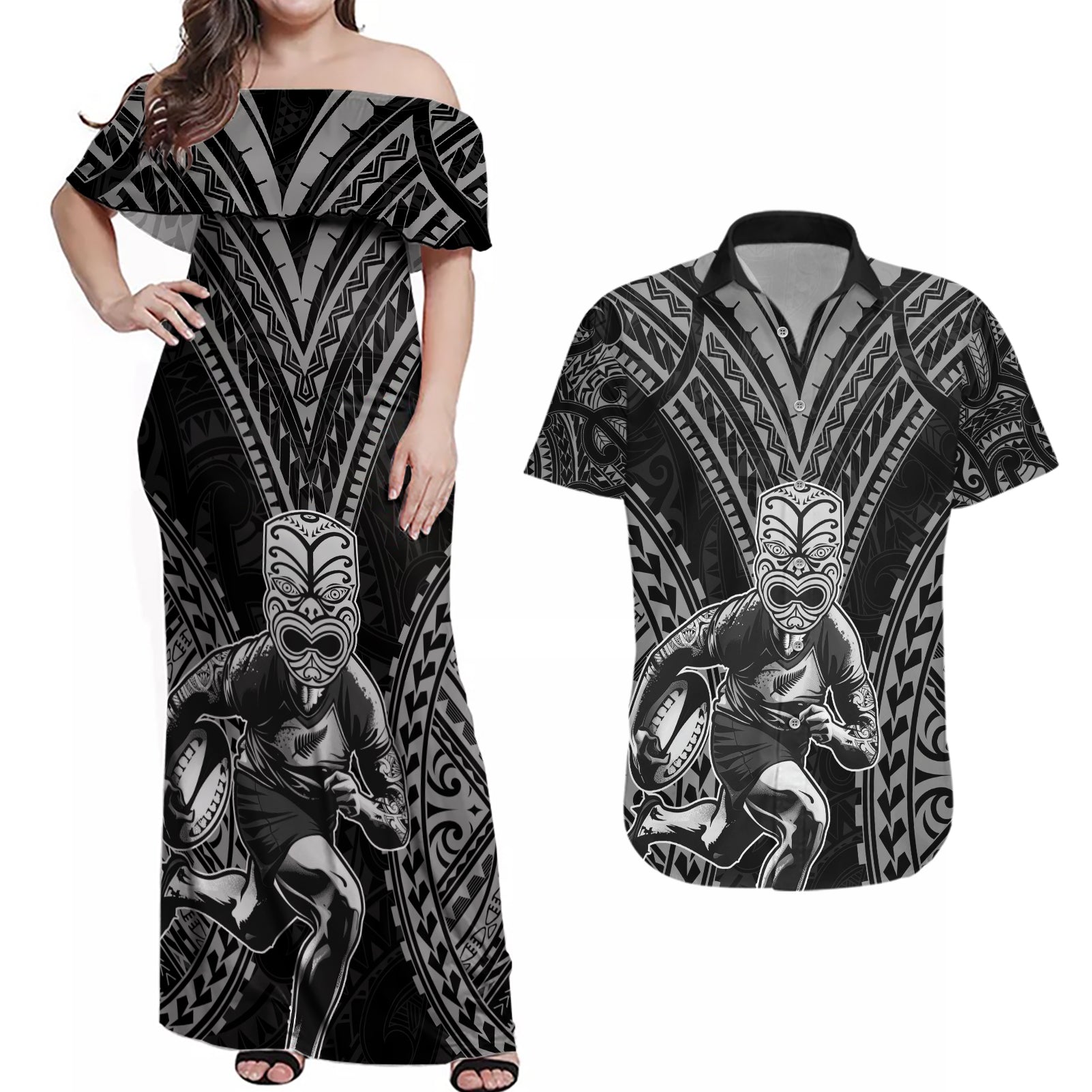 Custom New Zealand Rugby Couples Matching Off Shoulder Maxi Dress and Hawaiian Shirt Maori All Black Warrior Tribal Tattoo
