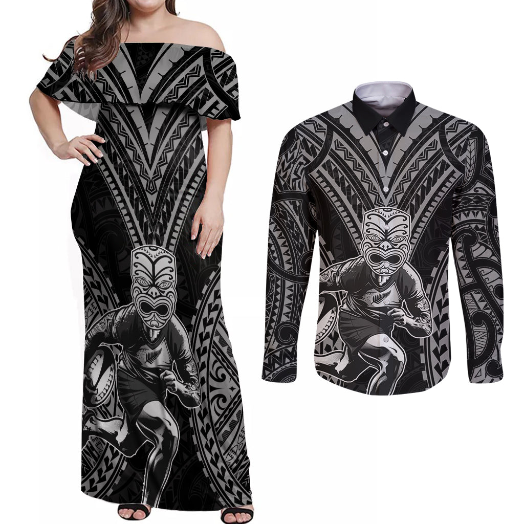 Custom New Zealand Rugby Couples Matching Off Shoulder Maxi Dress and Long Sleeve Button Shirt Maori All Black Warrior Tribal Tattoo
