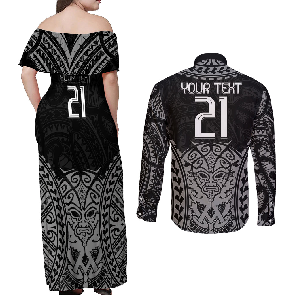 Custom New Zealand Rugby Couples Matching Off Shoulder Maxi Dress and Long Sleeve Button Shirt Maori All Black Warrior Tribal Tattoo
