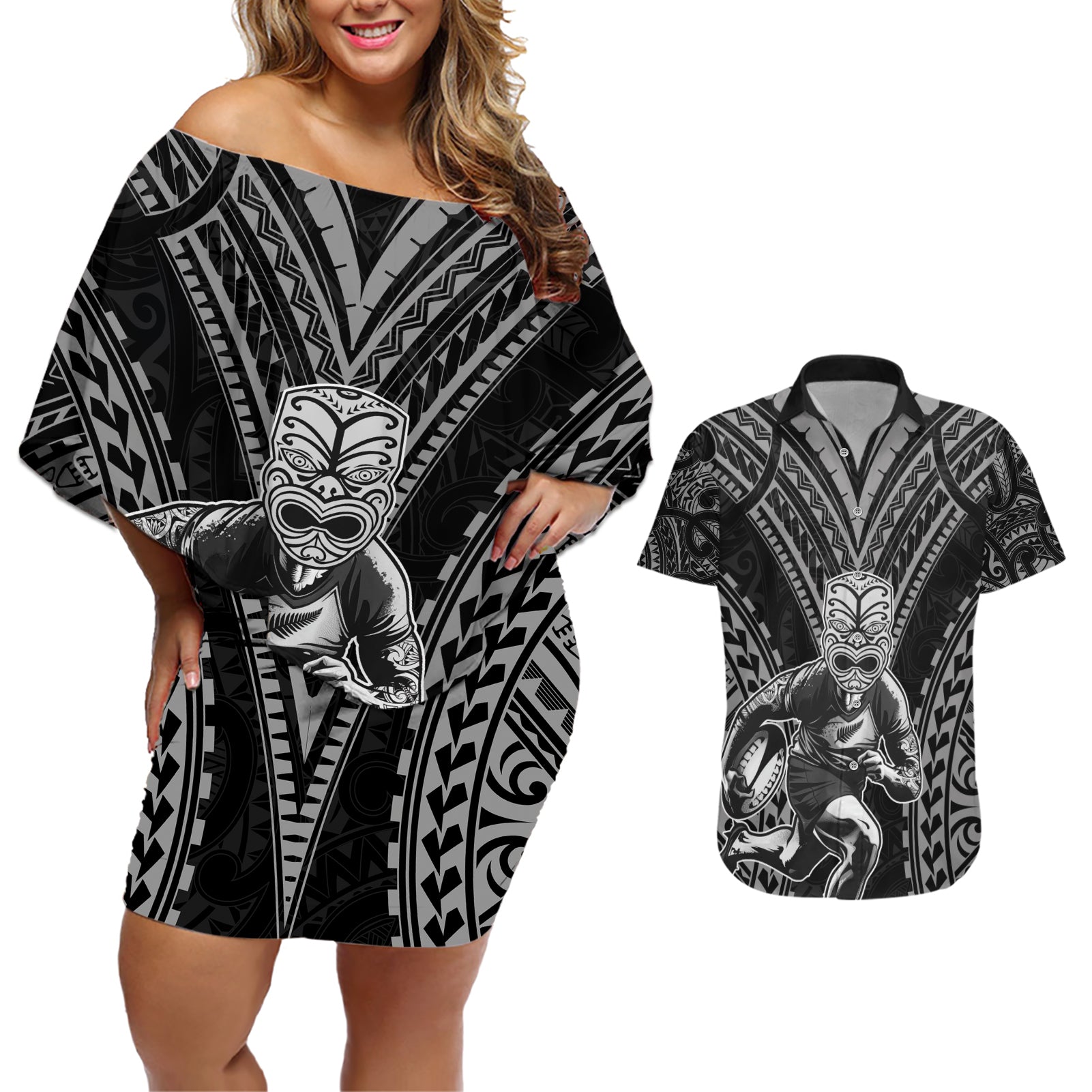 Custom New Zealand Rugby Couples Matching Off Shoulder Short Dress and Hawaiian Shirt Maori All Black Warrior Tribal Tattoo