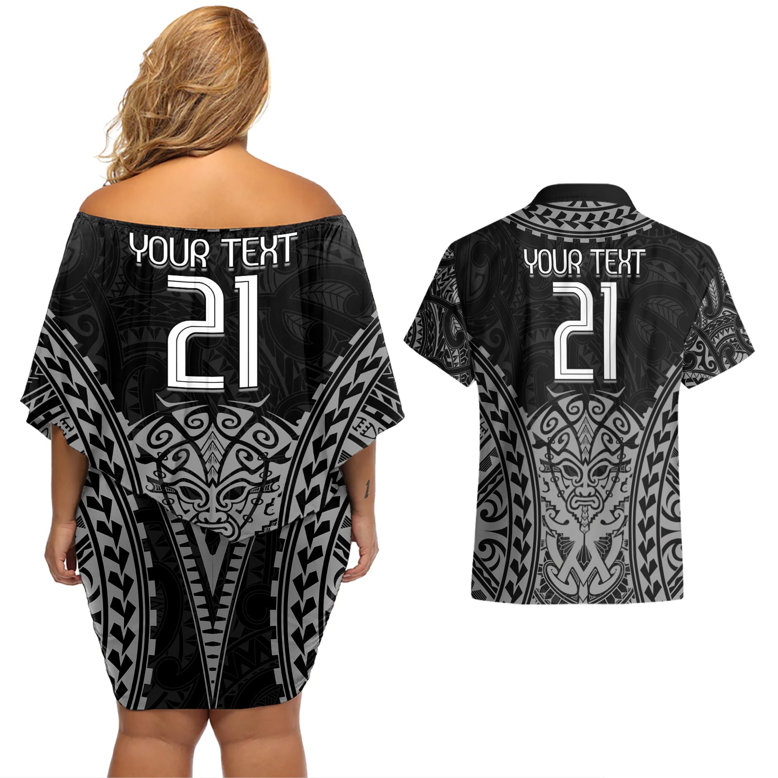 Custom New Zealand Rugby Couples Matching Off Shoulder Short Dress and Hawaiian Shirt Maori All Black Warrior Tribal Tattoo