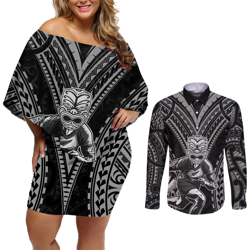 Custom New Zealand Rugby Couples Matching Off Shoulder Short Dress and Long Sleeve Button Shirt Maori All Black Warrior Tribal Tattoo