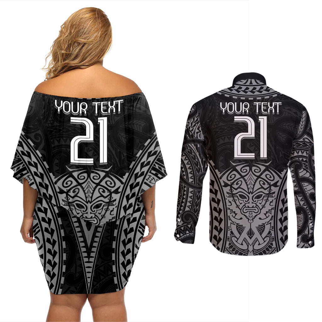 Custom New Zealand Rugby Couples Matching Off Shoulder Short Dress and Long Sleeve Button Shirt Maori All Black Warrior Tribal Tattoo