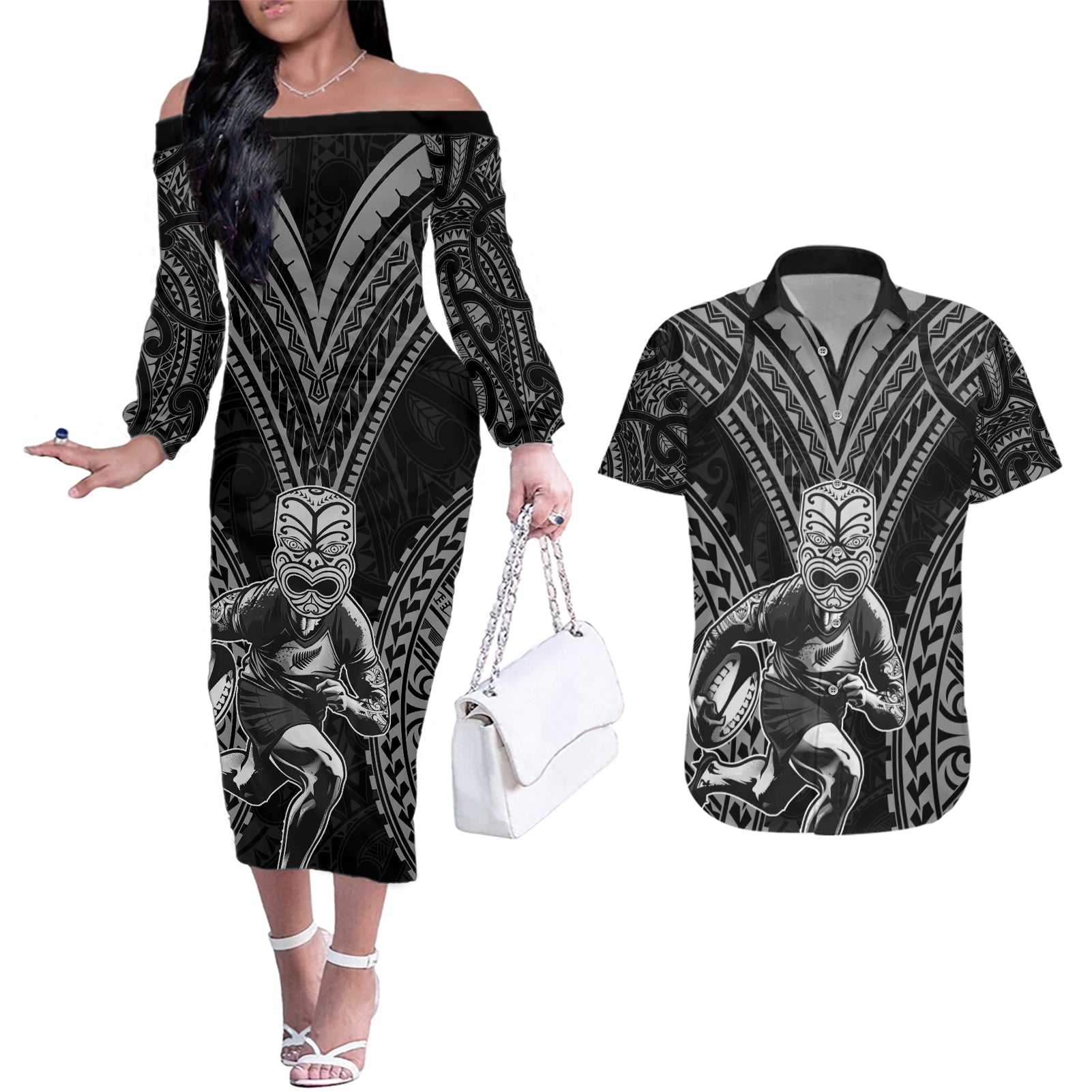 Custom New Zealand Rugby Couples Matching Off The Shoulder Long Sleeve Dress and Hawaiian Shirt Maori All Black Warrior Tribal Tattoo