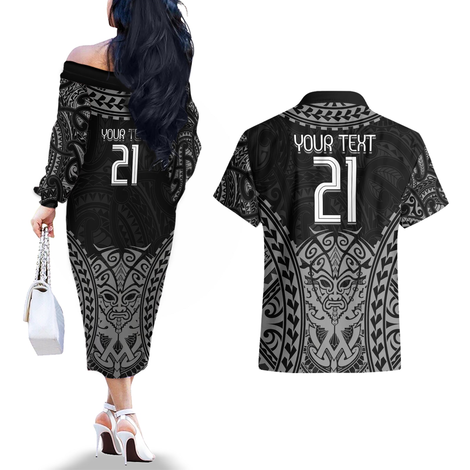 Custom New Zealand Rugby Couples Matching Off The Shoulder Long Sleeve Dress and Hawaiian Shirt Maori All Black Warrior Tribal Tattoo