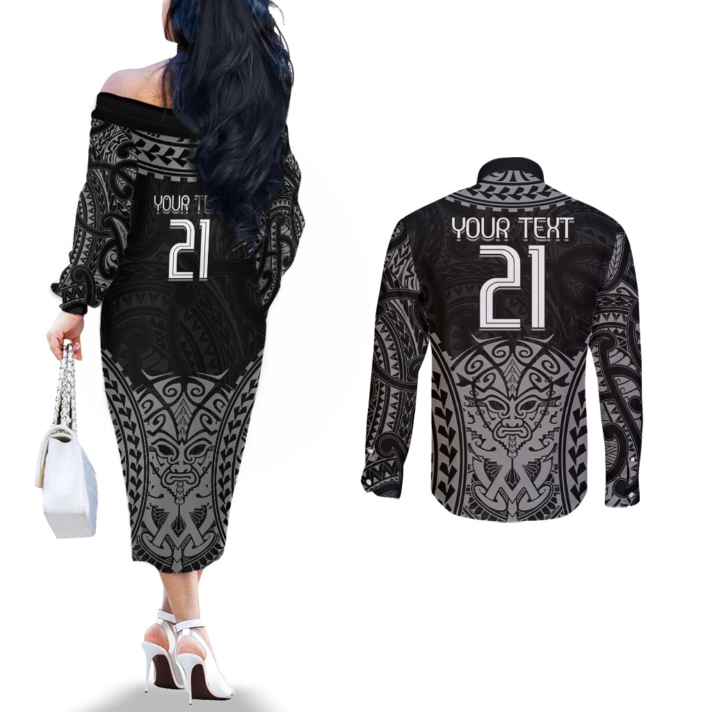 Custom New Zealand Rugby Couples Matching Off The Shoulder Long Sleeve Dress and Long Sleeve Button Shirt Maori All Black Warrior Tribal Tattoo