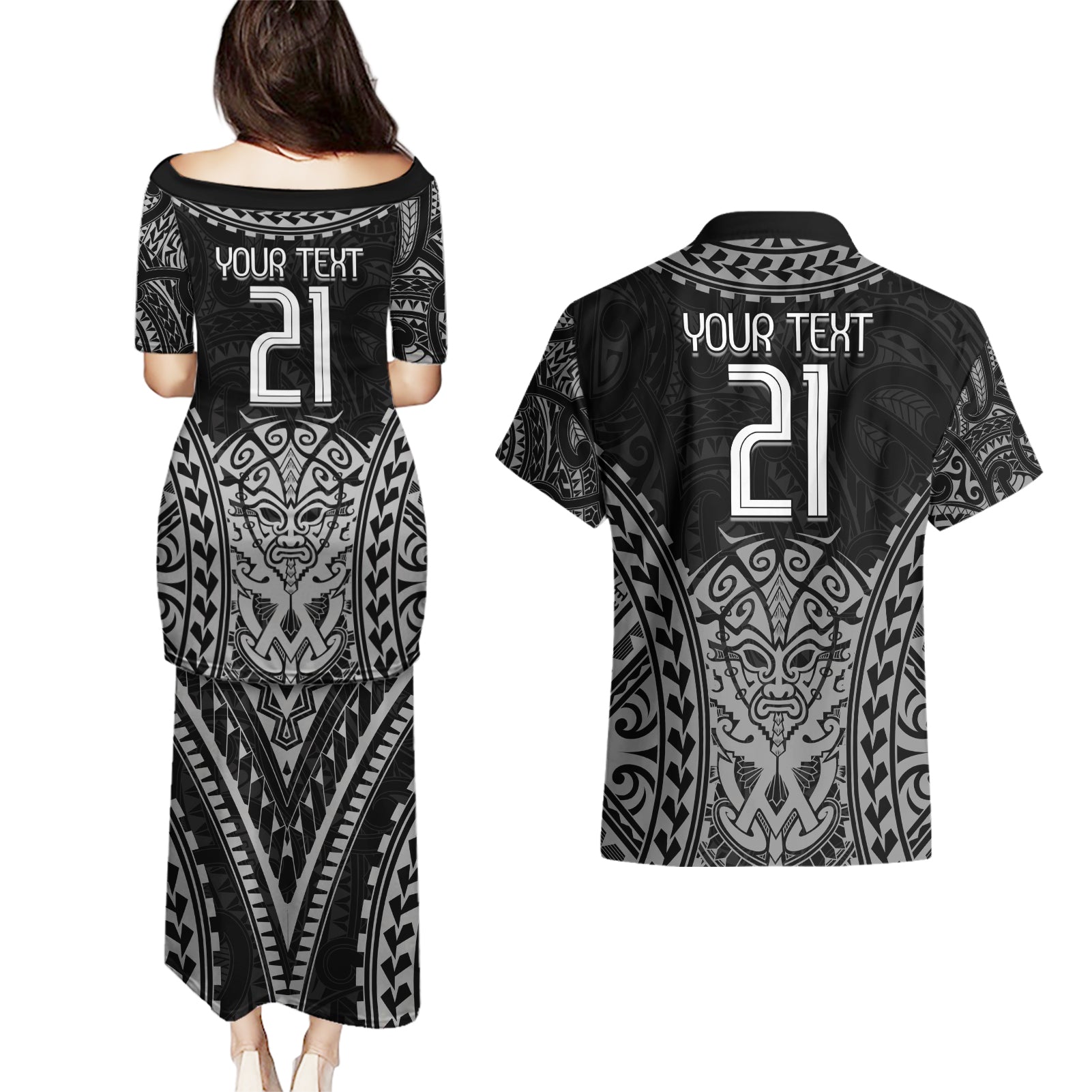 Custom New Zealand Rugby Couples Matching Puletasi and Hawaiian Shirt Maori All Black Warrior Tribal Tattoo