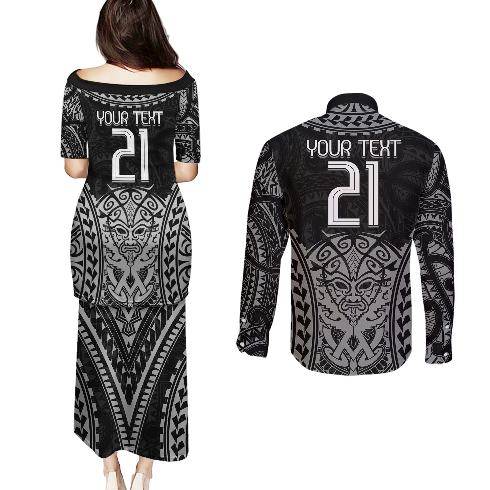 Custom New Zealand Rugby Couples Matching Puletasi and Long Sleeve Button Shirt Maori All Black Warrior Tribal Tattoo