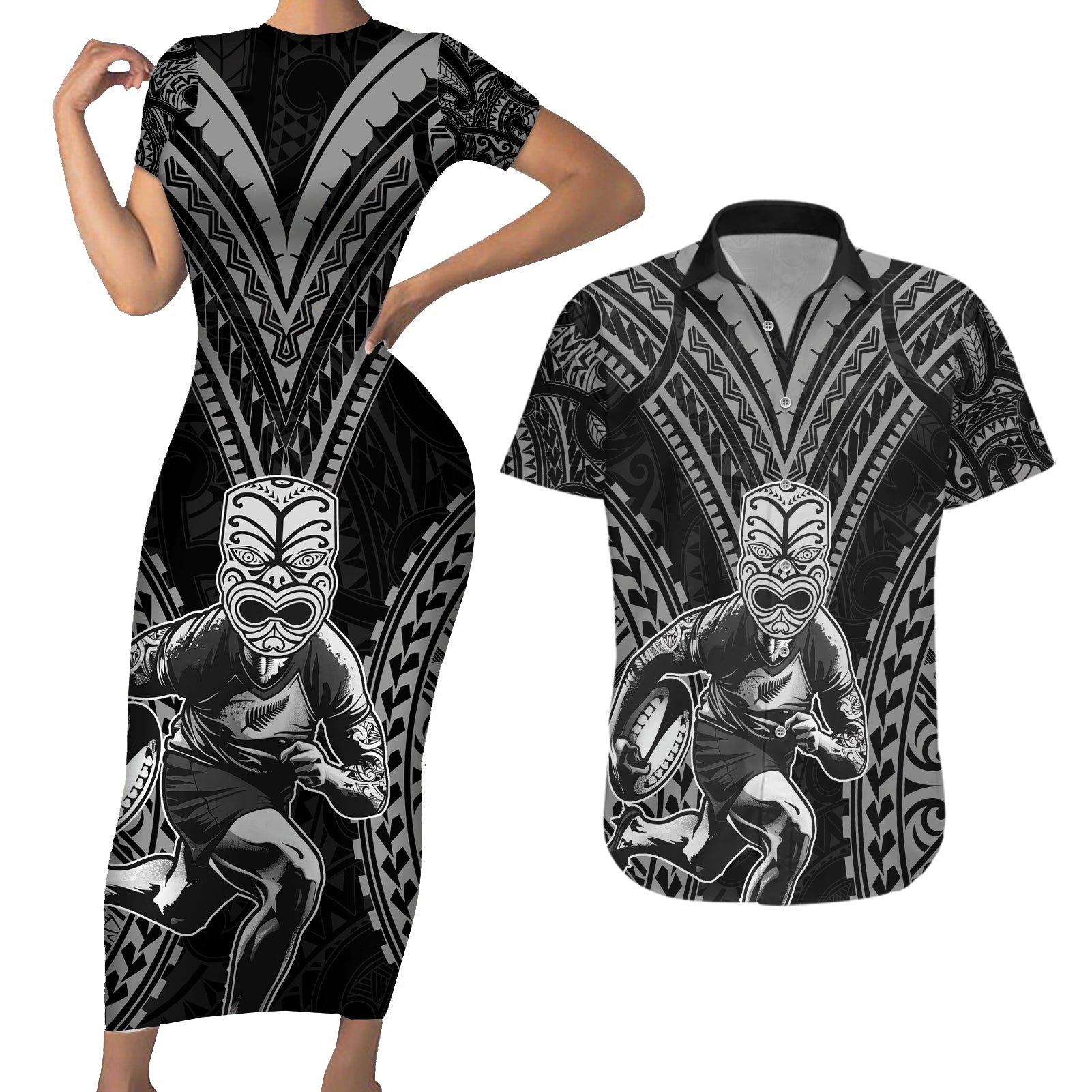 Custom New Zealand Rugby Couples Matching Short Sleeve Bodycon Dress and Hawaiian Shirt Maori All Black Warrior Tribal Tattoo