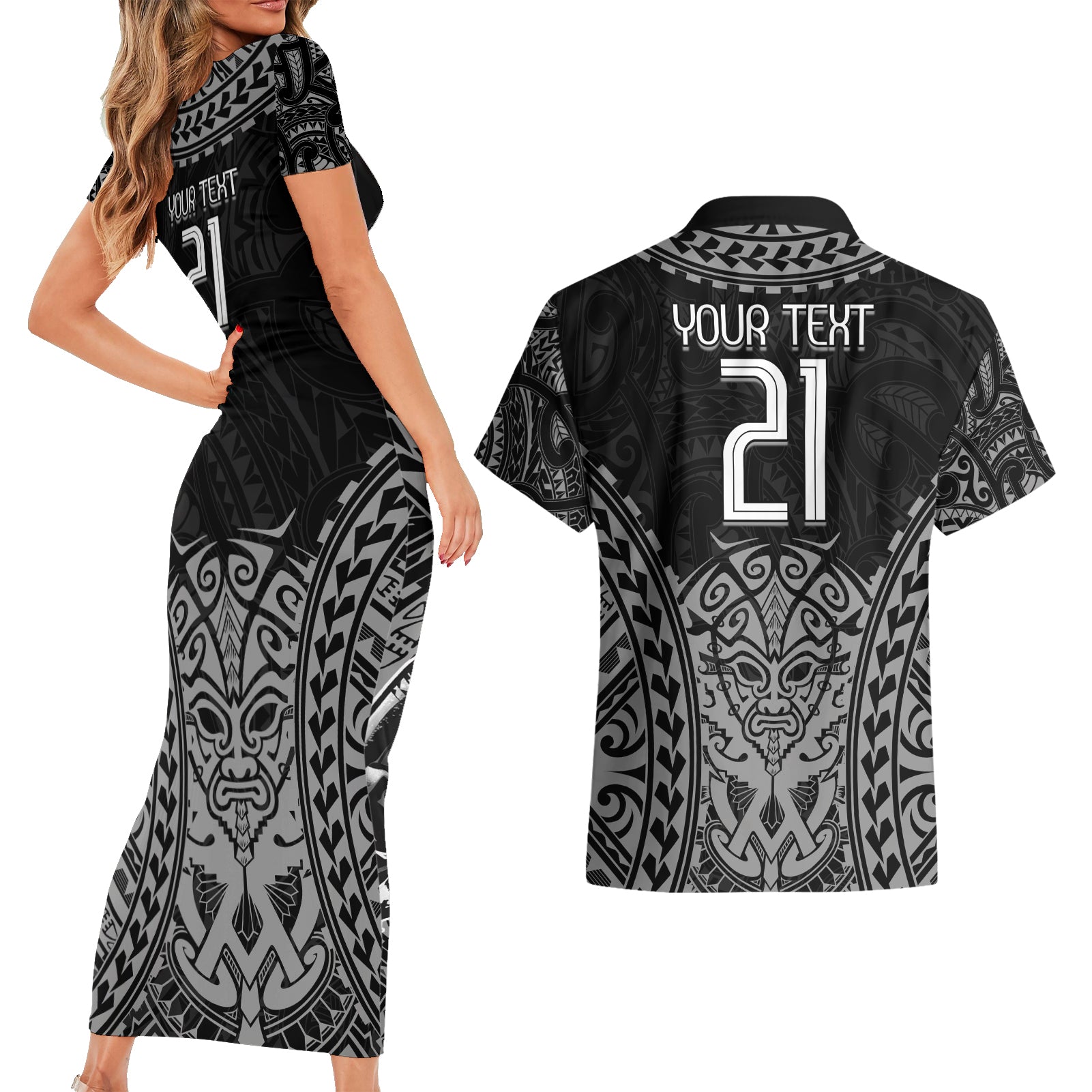 Custom New Zealand Rugby Couples Matching Short Sleeve Bodycon Dress and Hawaiian Shirt Maori All Black Warrior Tribal Tattoo