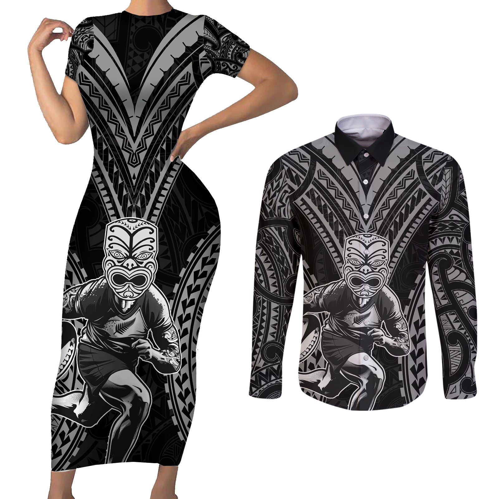 Custom New Zealand Rugby Couples Matching Short Sleeve Bodycon Dress and Long Sleeve Button Shirt Maori All Black Warrior Tribal Tattoo