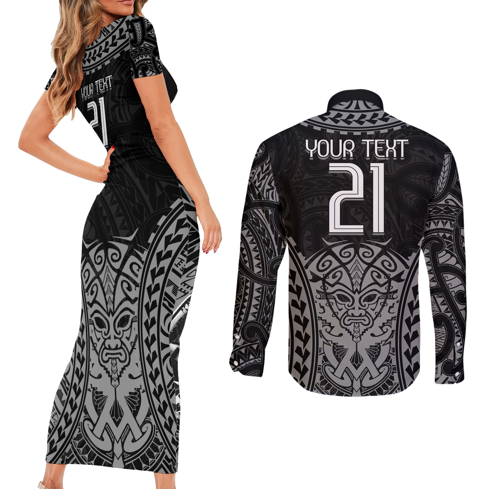Custom New Zealand Rugby Couples Matching Short Sleeve Bodycon Dress and Long Sleeve Button Shirt Maori All Black Warrior Tribal Tattoo