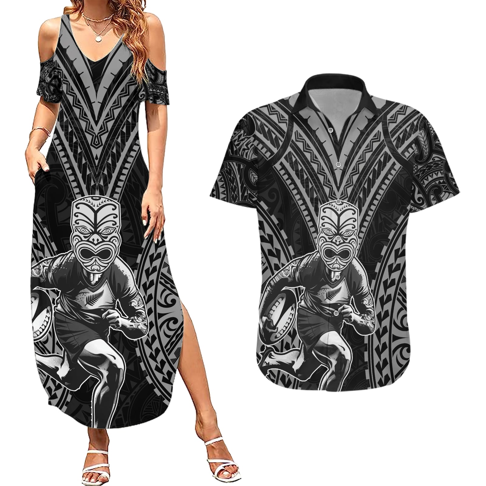 Custom New Zealand Rugby Couples Matching Summer Maxi Dress and Hawaiian Shirt Maori All Black Warrior Tribal Tattoo