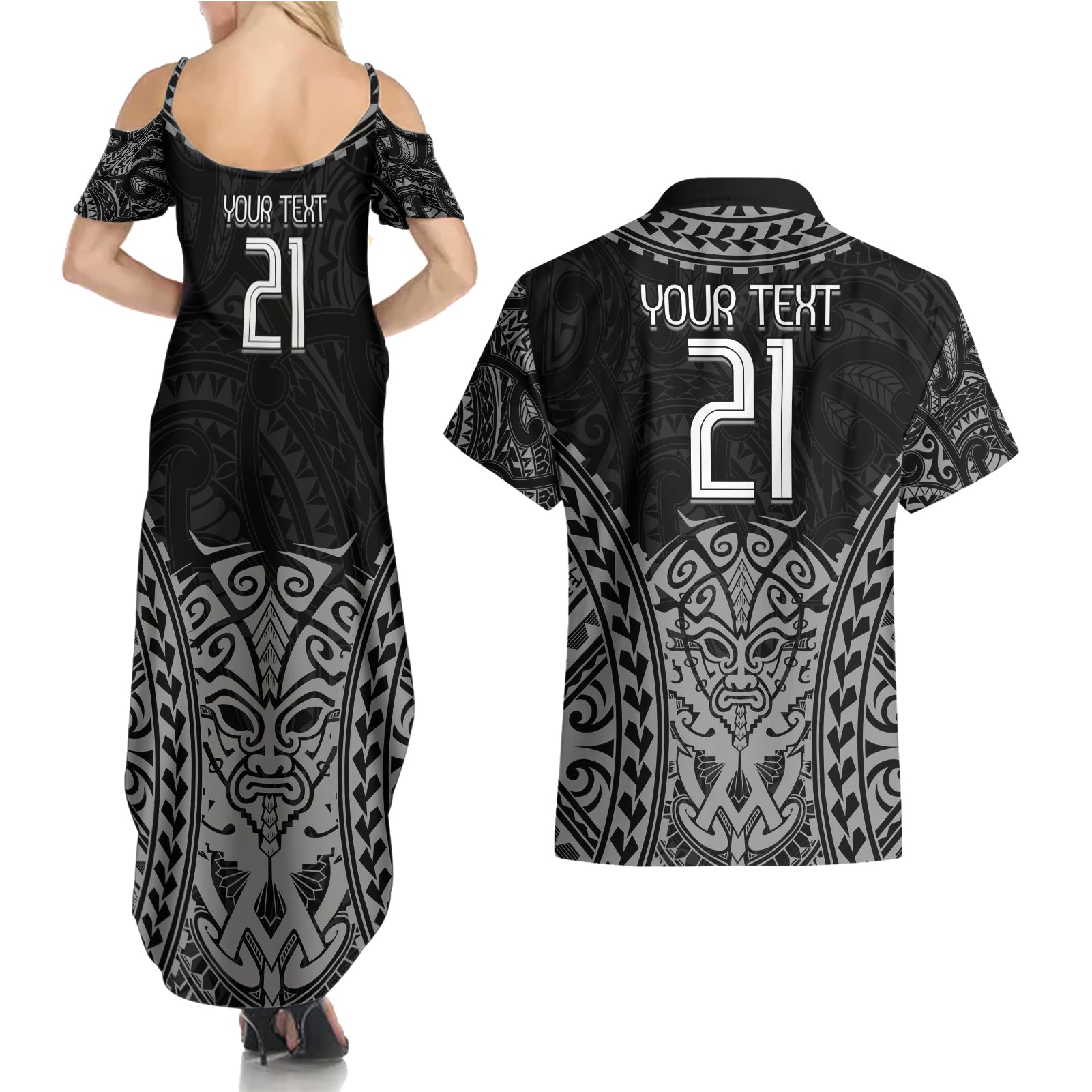 Custom New Zealand Rugby Couples Matching Summer Maxi Dress and Hawaiian Shirt Maori All Black Warrior Tribal Tattoo