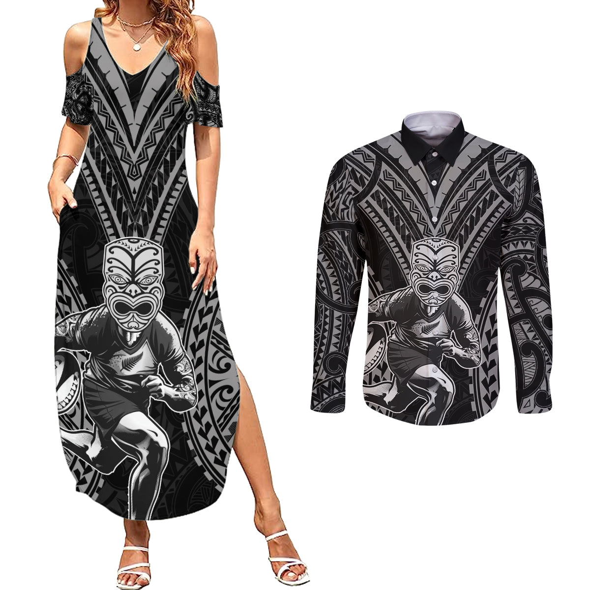 Custom New Zealand Rugby Couples Matching Summer Maxi Dress and Long Sleeve Button Shirt Maori All Black Warrior Tribal Tattoo
