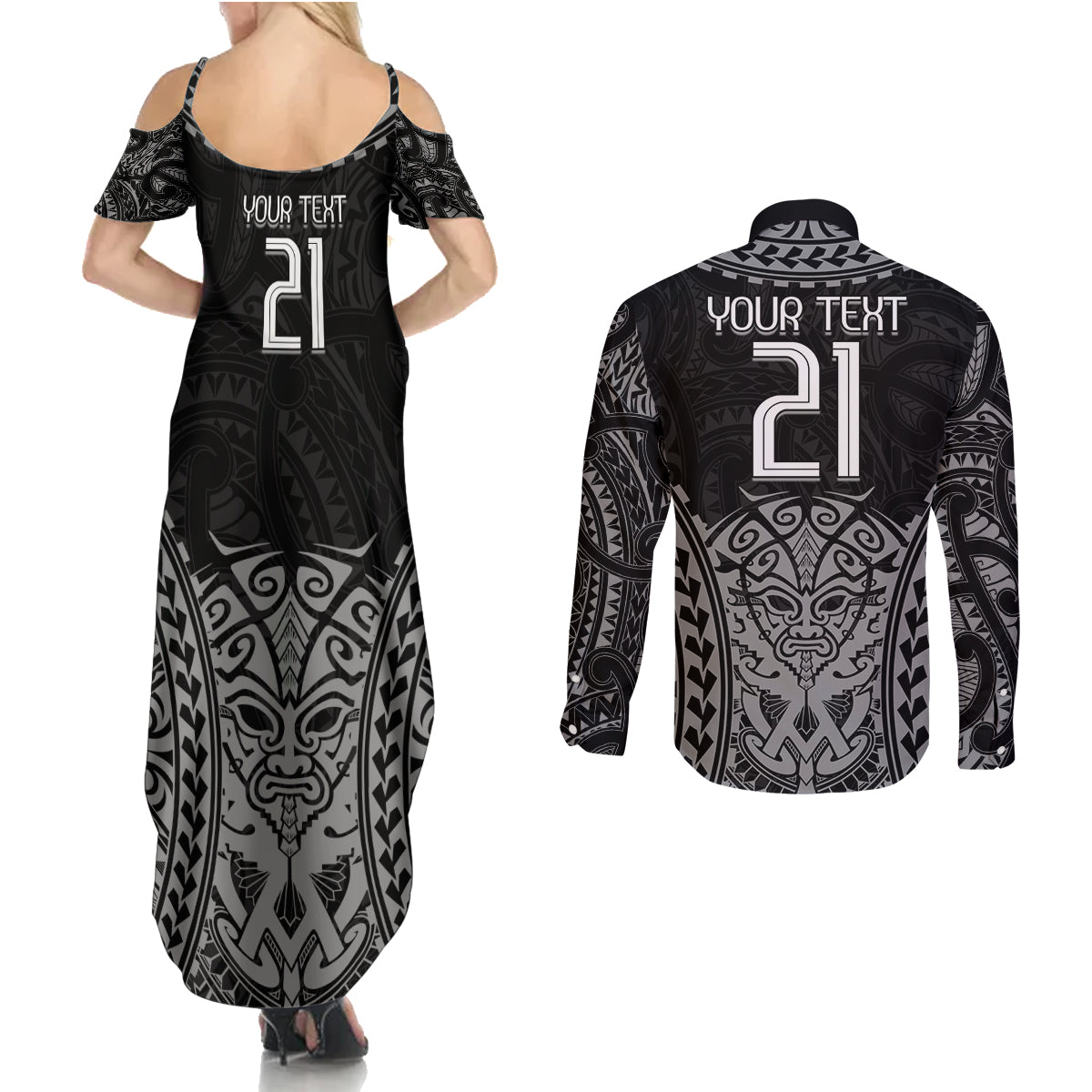 Custom New Zealand Rugby Couples Matching Summer Maxi Dress and Long Sleeve Button Shirt Maori All Black Warrior Tribal Tattoo