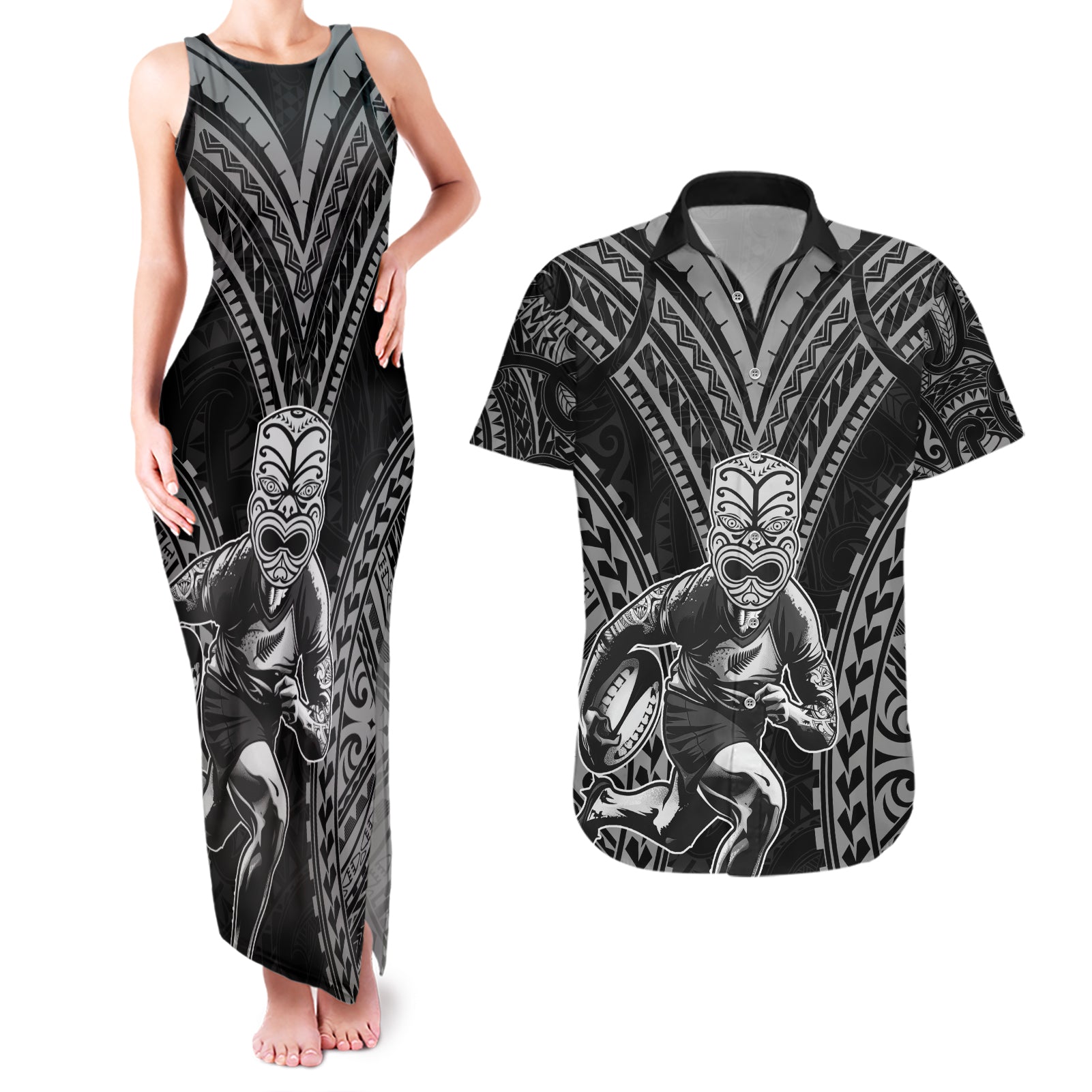 Custom New Zealand Rugby Couples Matching Tank Maxi Dress and Hawaiian Shirt Maori All Black Warrior Tribal Tattoo