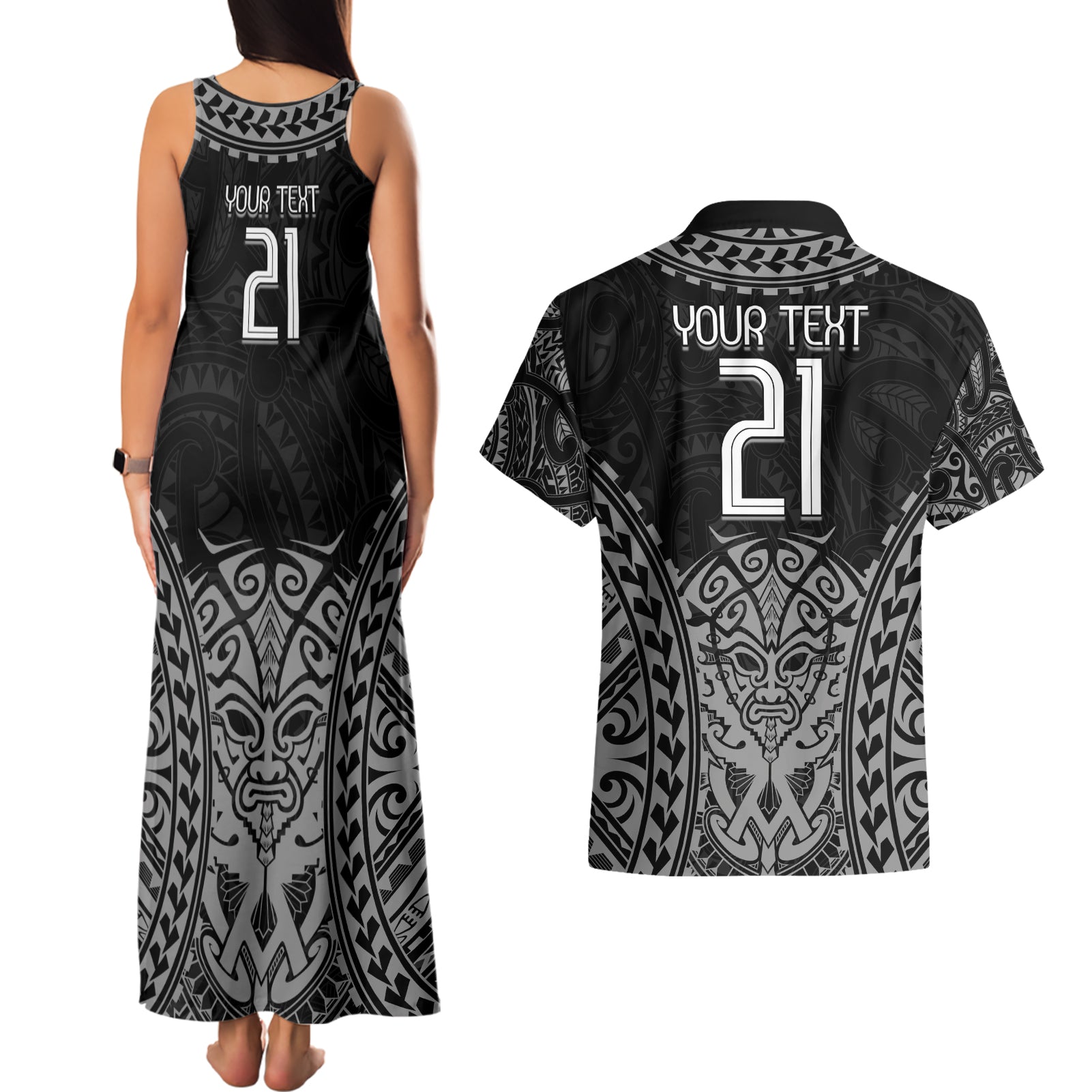 Custom New Zealand Rugby Couples Matching Tank Maxi Dress and Hawaiian Shirt Maori All Black Warrior Tribal Tattoo
