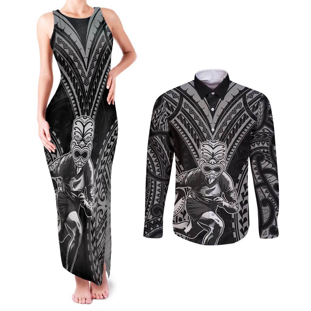 Custom New Zealand Rugby Couples Matching Tank Maxi Dress and Long Sleeve Button Shirt Maori All Black Warrior Tribal Tattoo