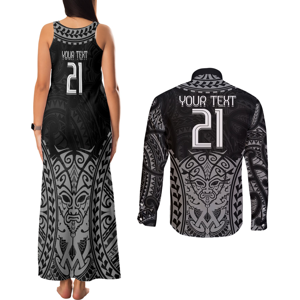 Custom New Zealand Rugby Couples Matching Tank Maxi Dress and Long Sleeve Button Shirt Maori All Black Warrior Tribal Tattoo