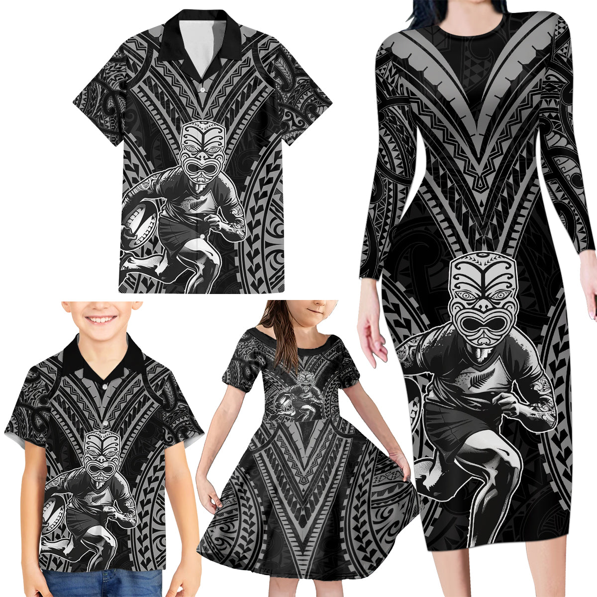 Custom New Zealand Rugby Family Matching Long Sleeve Bodycon Dress and Hawaiian Shirt Maori All Black Warrior Tribal Tattoo