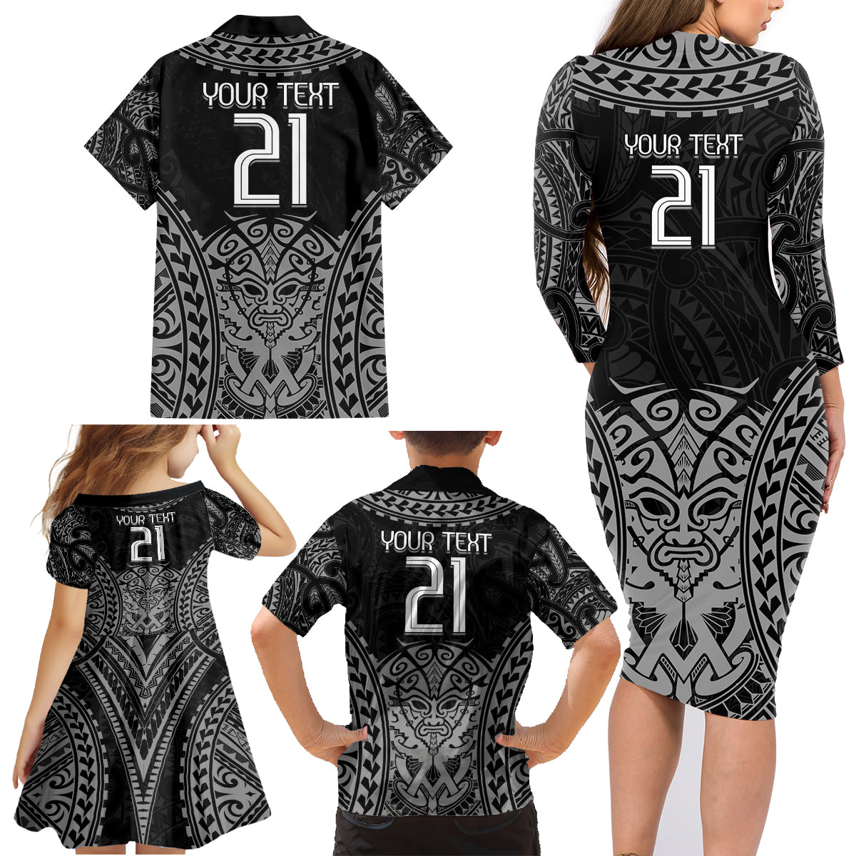 Custom New Zealand Rugby Family Matching Long Sleeve Bodycon Dress and Hawaiian Shirt Maori All Black Warrior Tribal Tattoo