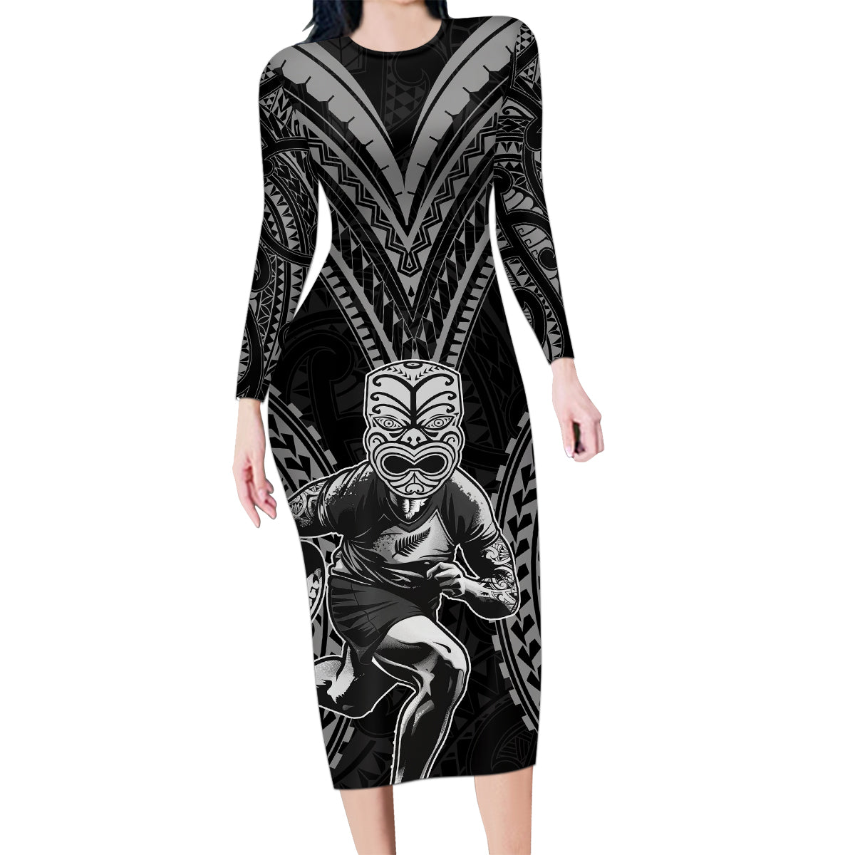 Custom New Zealand Rugby Family Matching Long Sleeve Bodycon Dress and Hawaiian Shirt Maori All Black Warrior Tribal Tattoo