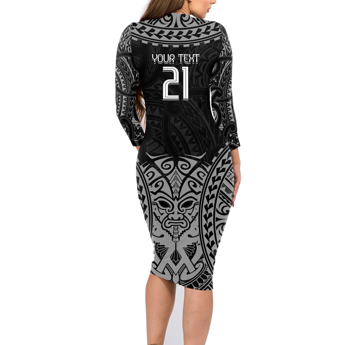 Custom New Zealand Rugby Family Matching Long Sleeve Bodycon Dress and Hawaiian Shirt Maori All Black Warrior Tribal Tattoo