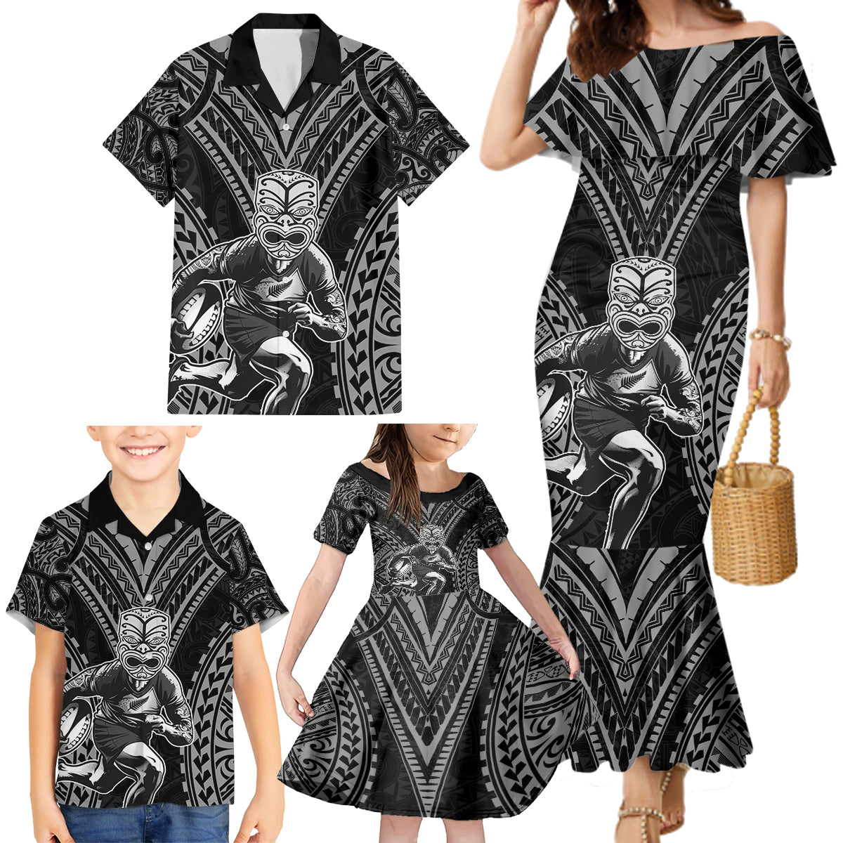 Custom New Zealand Rugby Family Matching Mermaid Dress and Hawaiian Shirt Maori All Black Warrior Tribal Tattoo