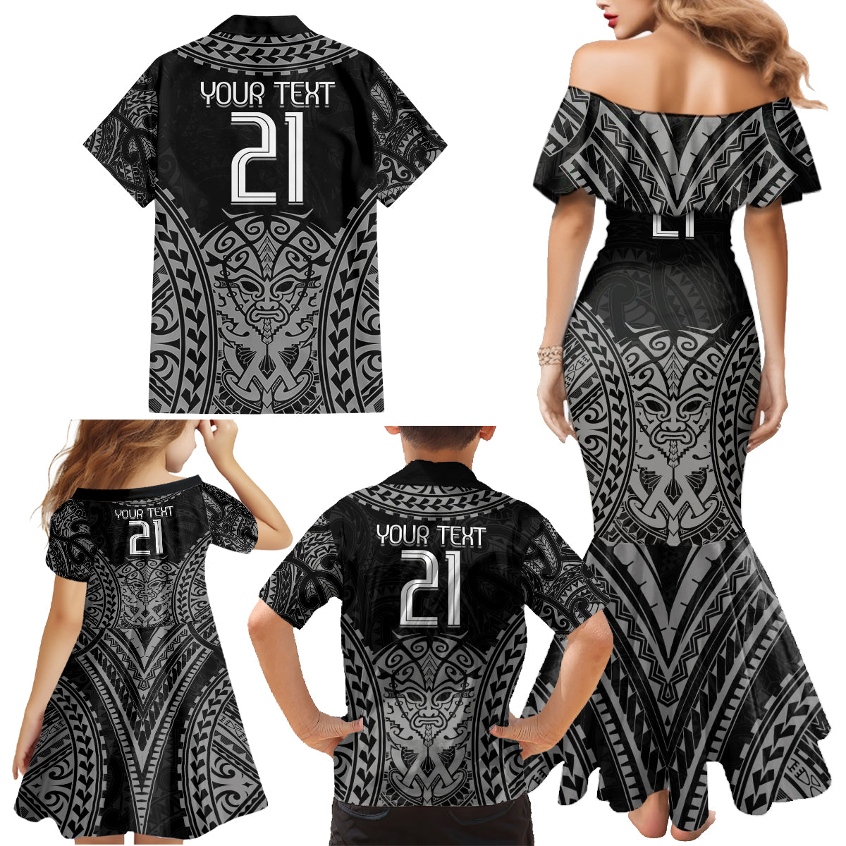 Custom New Zealand Rugby Family Matching Mermaid Dress and Hawaiian Shirt Maori All Black Warrior Tribal Tattoo