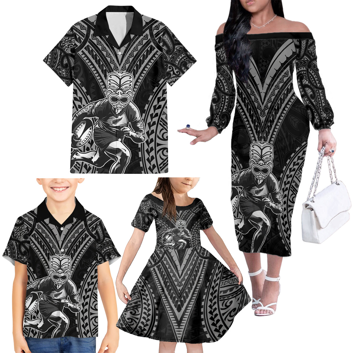 Custom New Zealand Rugby Family Matching Off The Shoulder Long Sleeve Dress and Hawaiian Shirt Maori All Black Warrior Tribal Tattoo