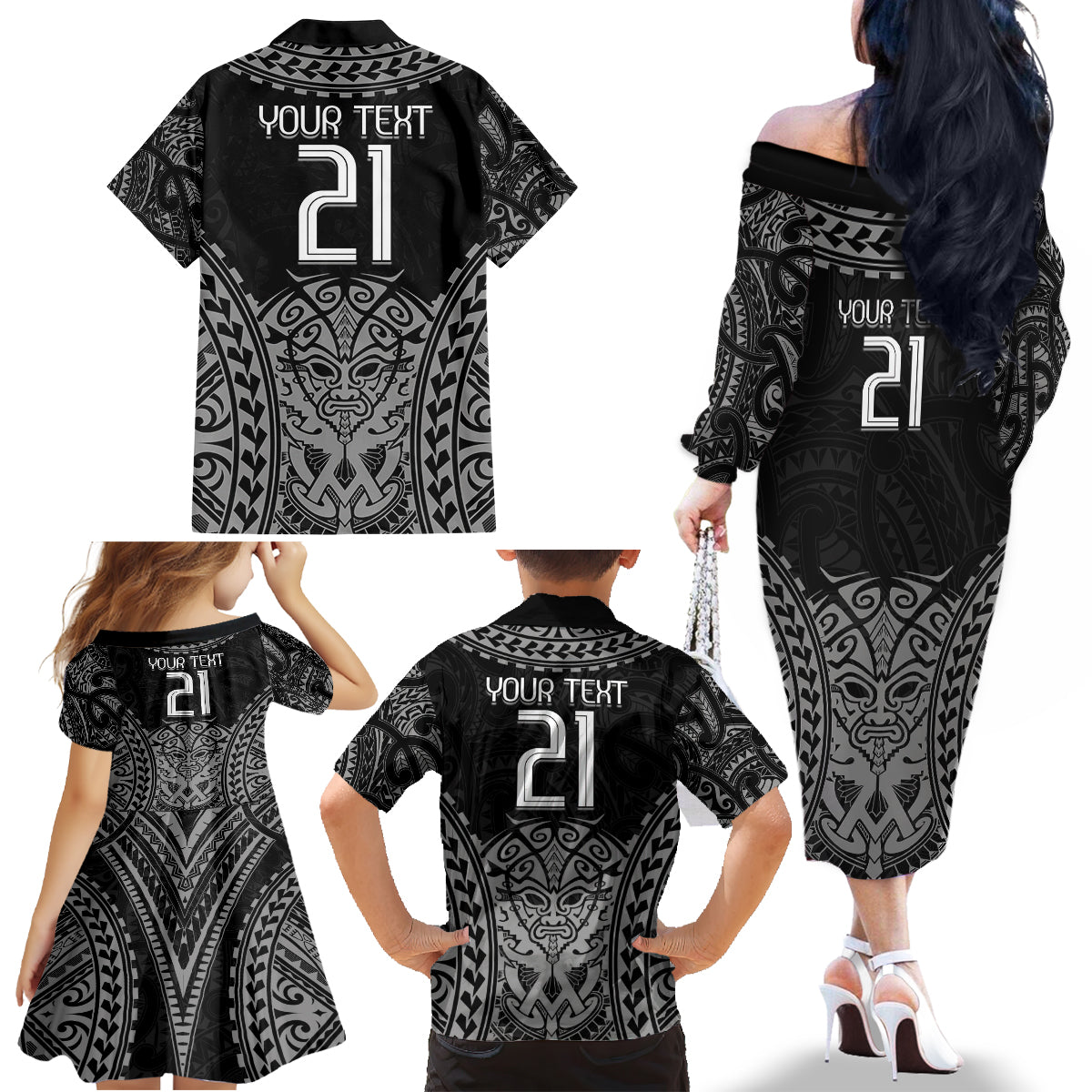 Custom New Zealand Rugby Family Matching Off The Shoulder Long Sleeve Dress and Hawaiian Shirt Maori All Black Warrior Tribal Tattoo