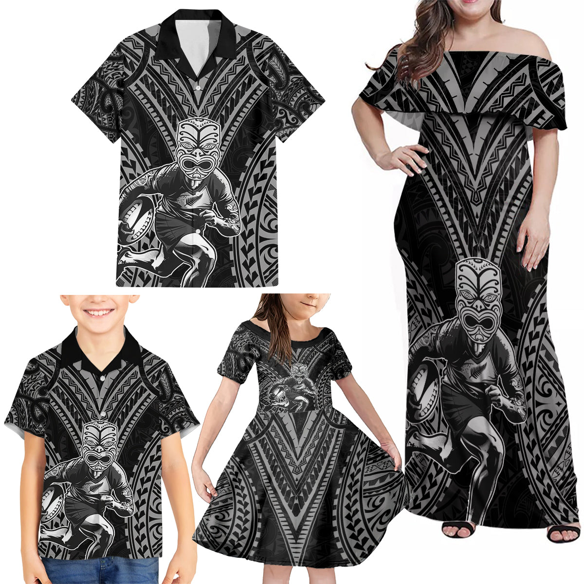 Custom New Zealand Rugby Family Matching Off Shoulder Maxi Dress and Hawaiian Shirt Maori All Black Warrior Tribal Tattoo