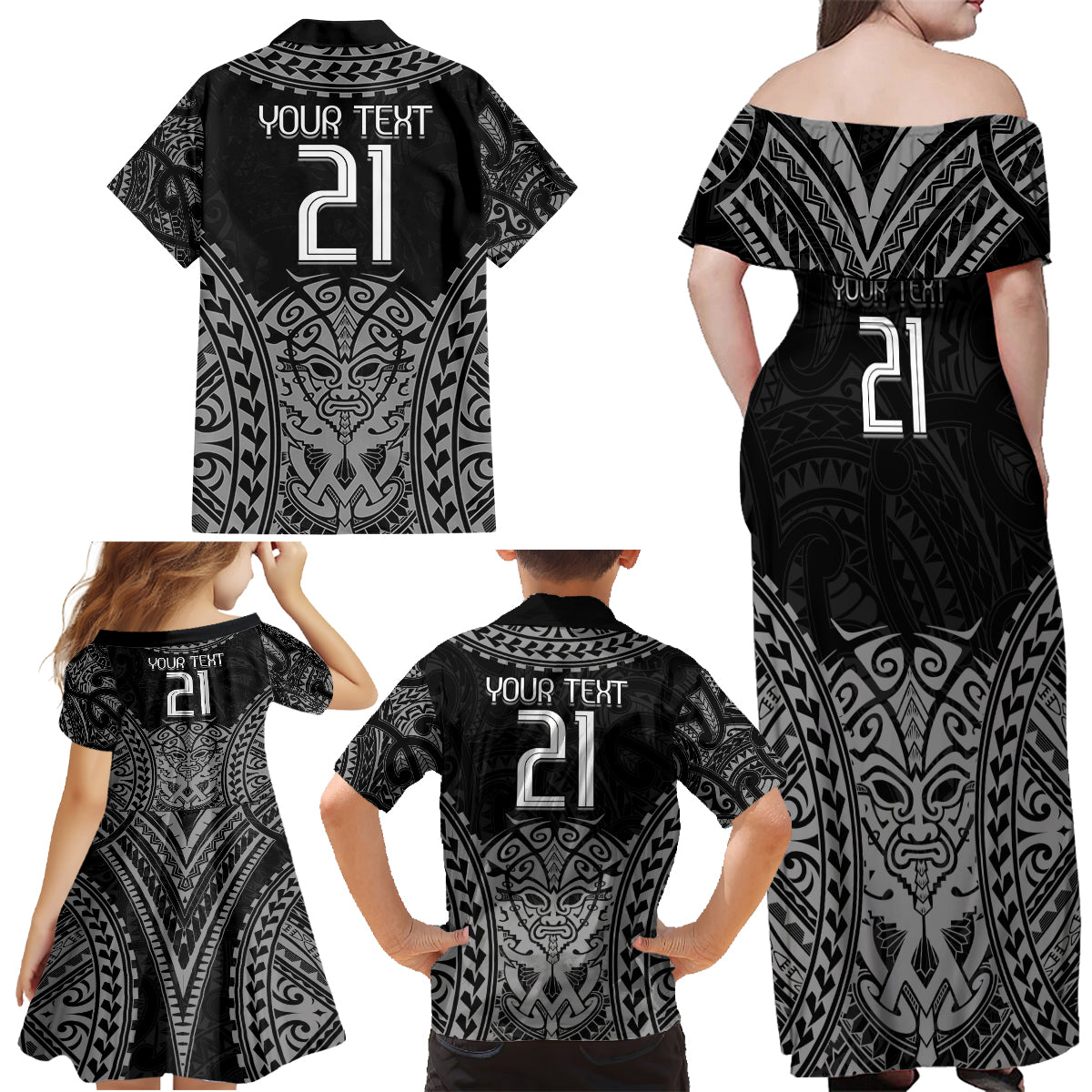 Custom New Zealand Rugby Family Matching Off Shoulder Maxi Dress and Hawaiian Shirt Maori All Black Warrior Tribal Tattoo