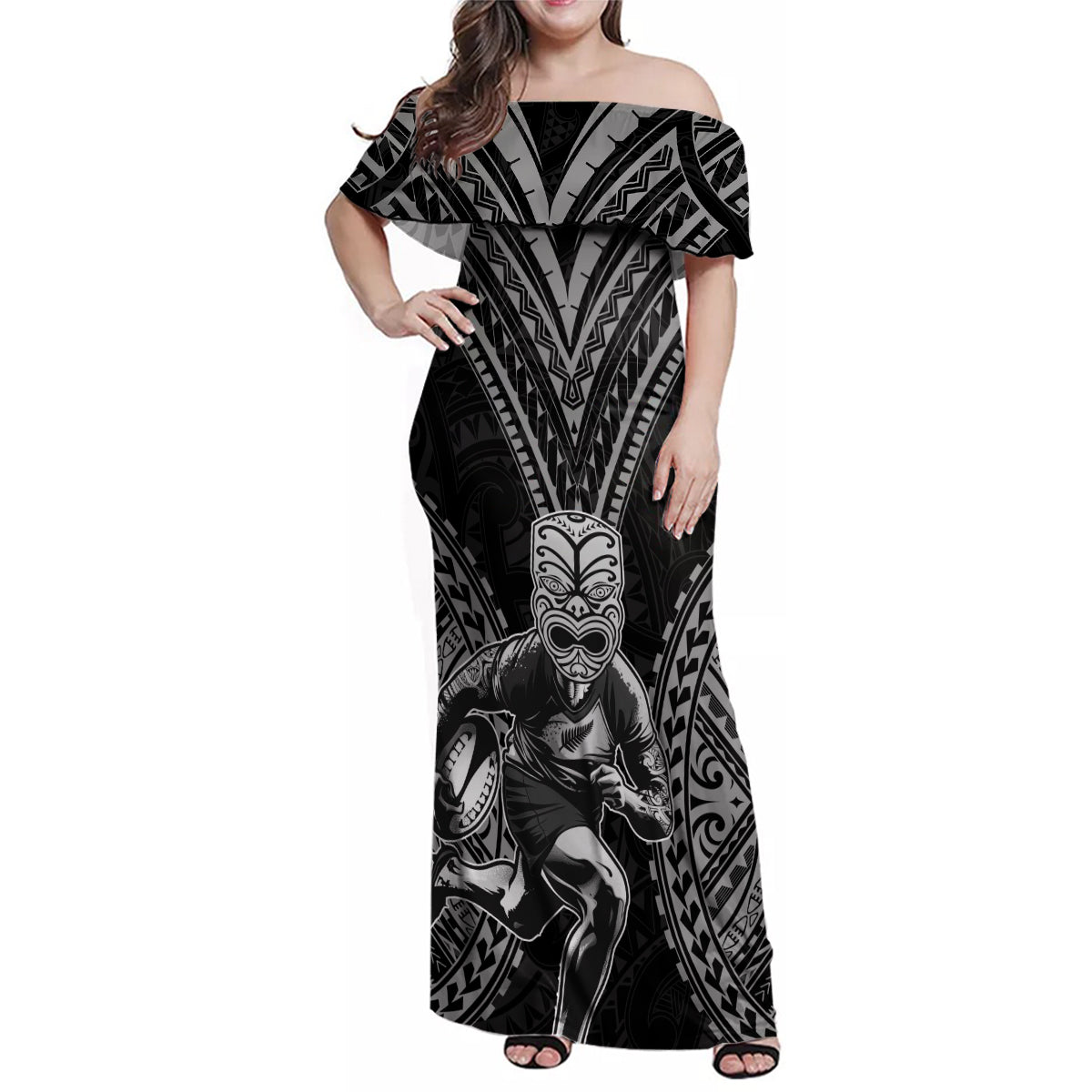 Custom New Zealand Rugby Family Matching Off Shoulder Maxi Dress and Hawaiian Shirt Maori All Black Warrior Tribal Tattoo