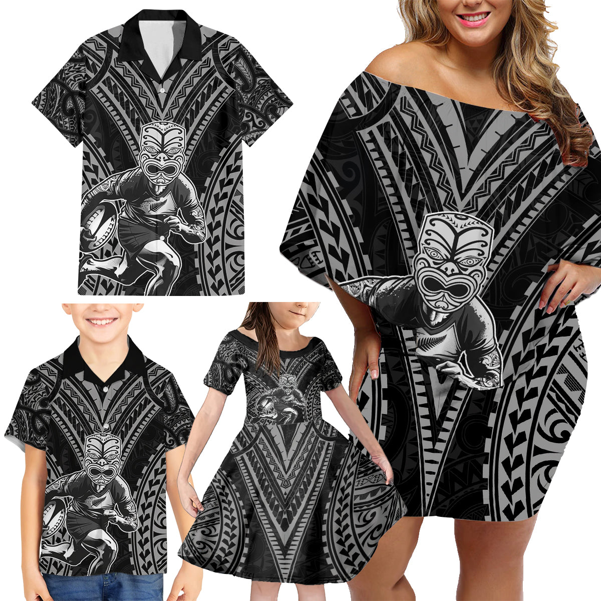 Custom New Zealand Rugby Family Matching Off Shoulder Short Dress and Hawaiian Shirt Maori All Black Warrior Tribal Tattoo