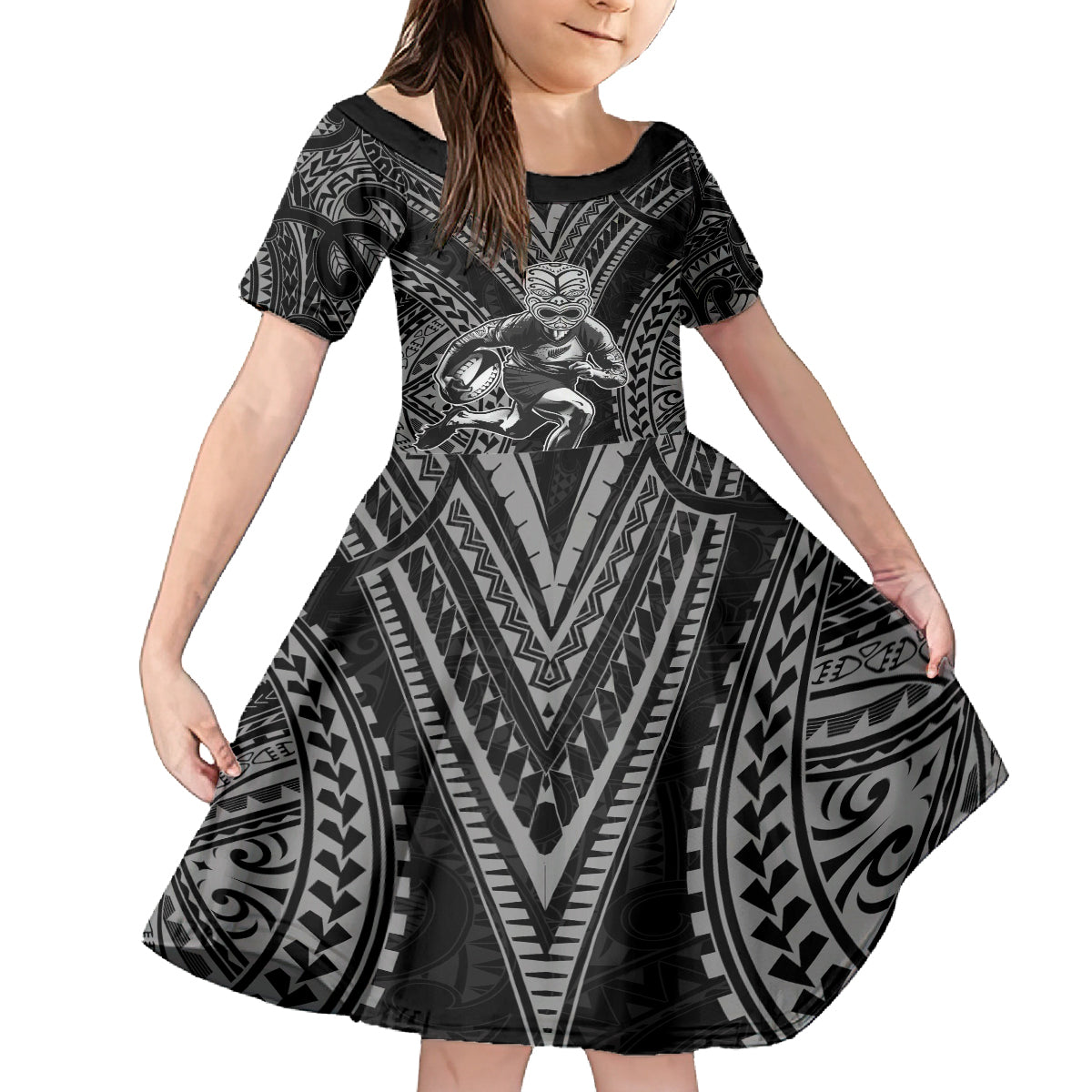 Custom New Zealand Rugby Family Matching Off Shoulder Short Dress and Hawaiian Shirt Maori All Black Warrior Tribal Tattoo
