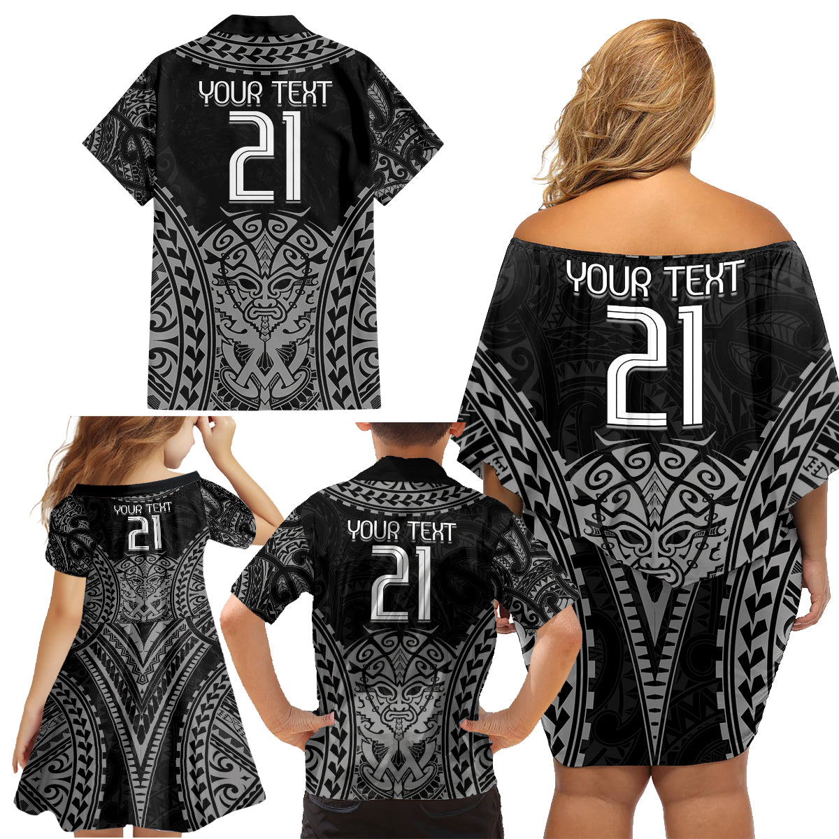 Custom New Zealand Rugby Family Matching Off Shoulder Short Dress and Hawaiian Shirt Maori All Black Warrior Tribal Tattoo