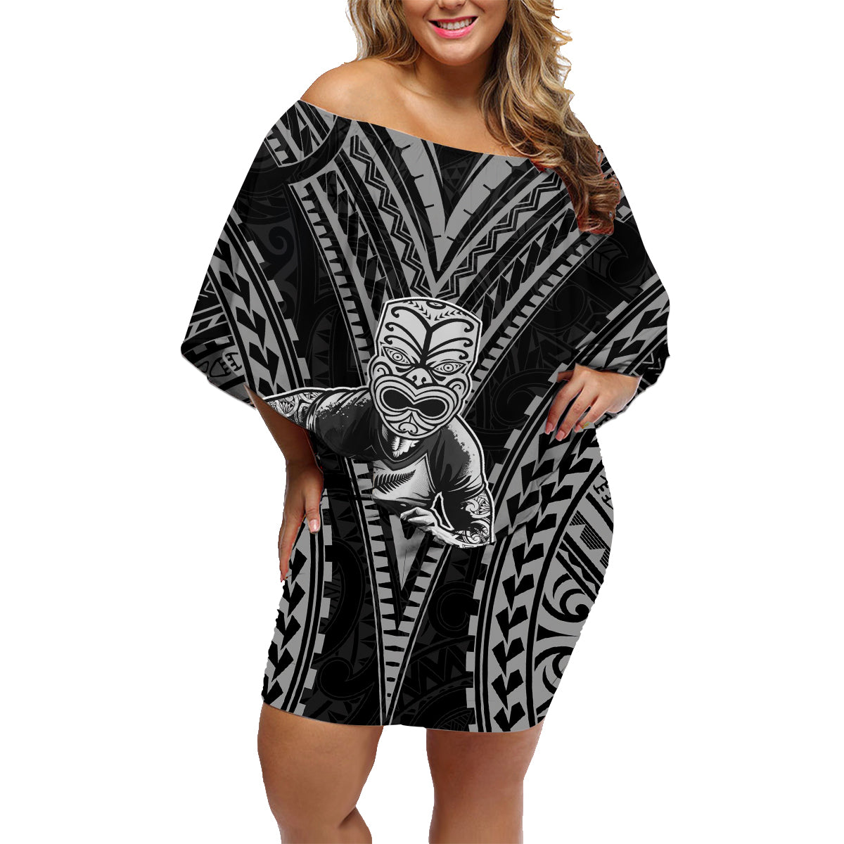 Custom New Zealand Rugby Family Matching Off Shoulder Short Dress and Hawaiian Shirt Maori All Black Warrior Tribal Tattoo