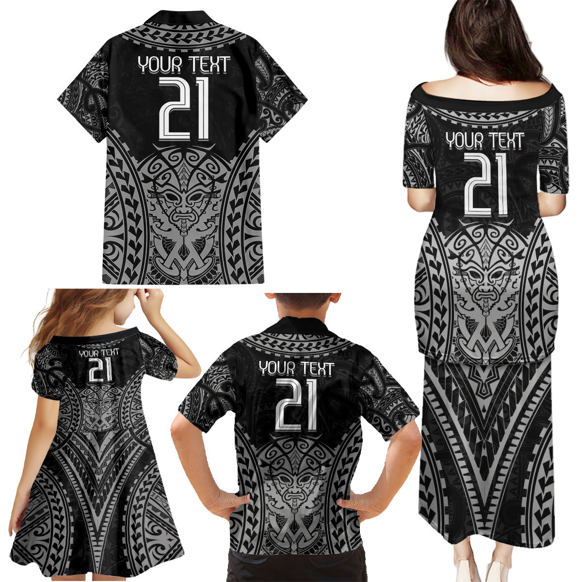 Custom New Zealand Rugby Family Matching Puletasi and Hawaiian Shirt Maori All Black Warrior Tribal Tattoo