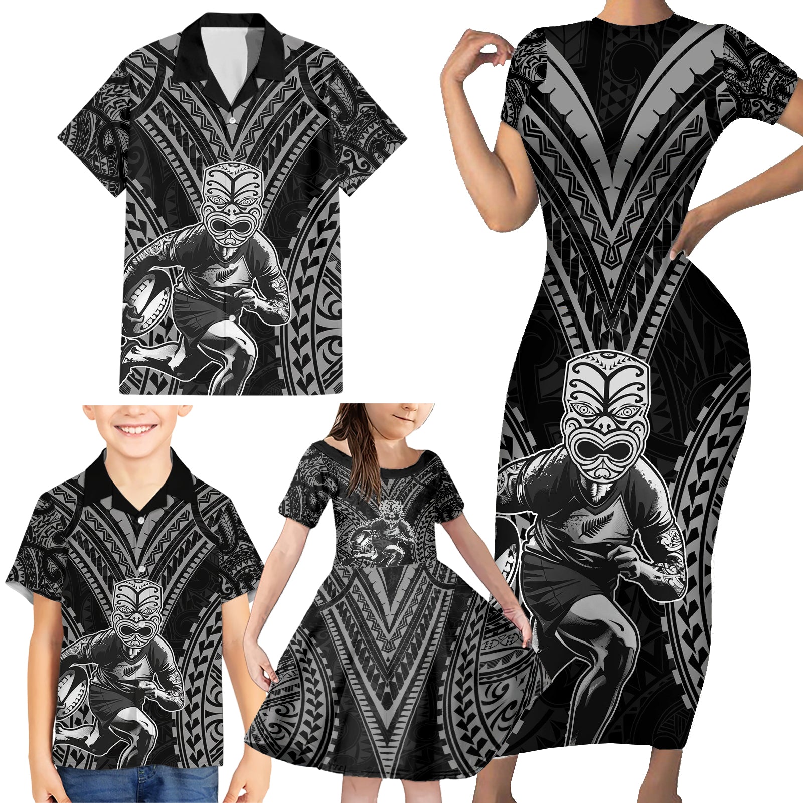 Custom New Zealand Rugby Family Matching Short Sleeve Bodycon Dress and Hawaiian Shirt Maori All Black Warrior Tribal Tattoo