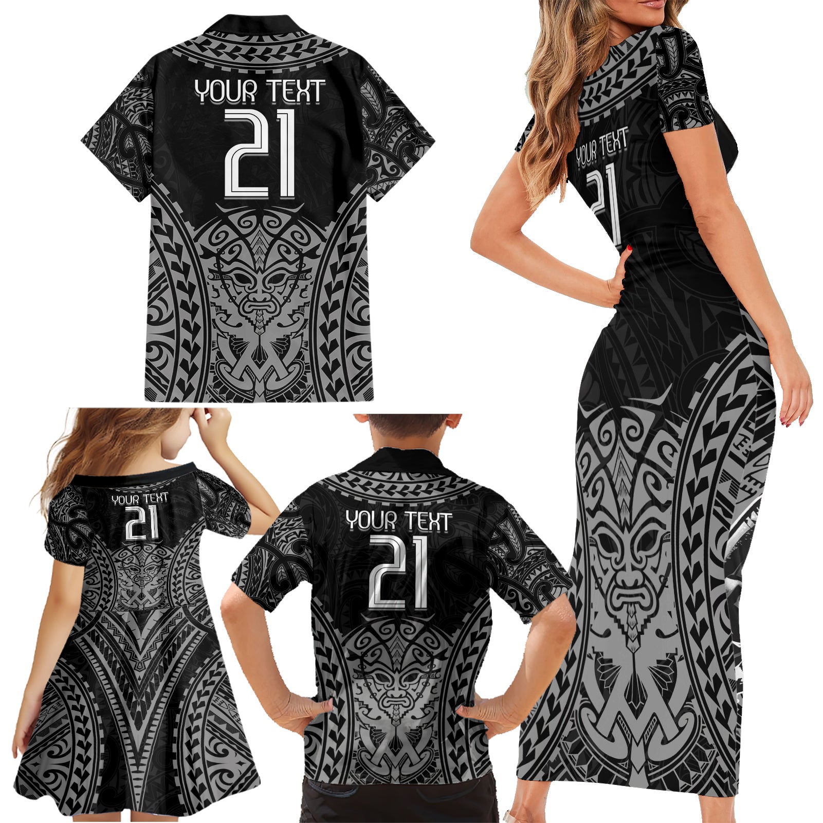 Custom New Zealand Rugby Family Matching Short Sleeve Bodycon Dress and Hawaiian Shirt Maori All Black Warrior Tribal Tattoo