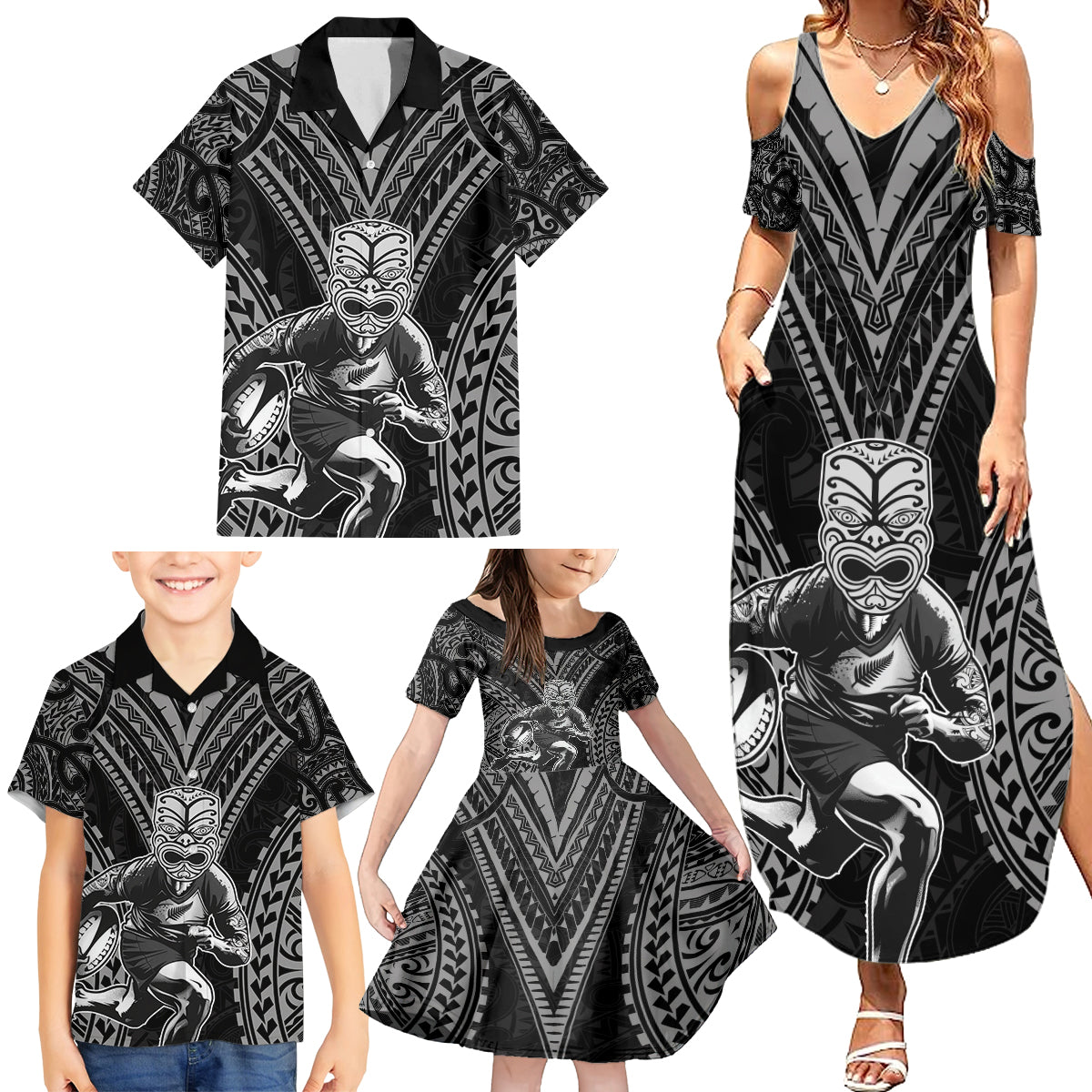 Custom New Zealand Rugby Family Matching Summer Maxi Dress and Hawaiian Shirt Maori All Black Warrior Tribal Tattoo