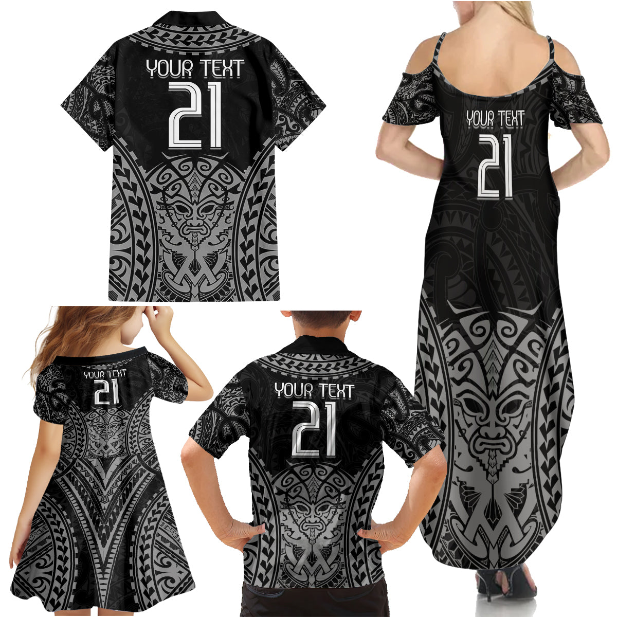 Custom New Zealand Rugby Family Matching Summer Maxi Dress and Hawaiian Shirt Maori All Black Warrior Tribal Tattoo