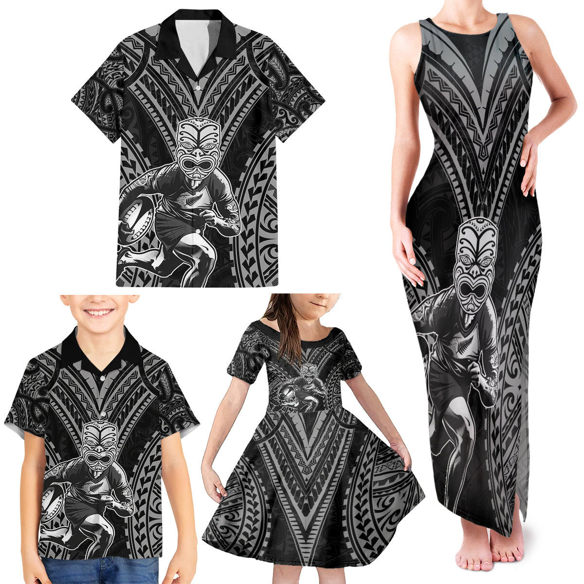 Custom New Zealand Rugby Family Matching Tank Maxi Dress and Hawaiian Shirt Maori All Black Warrior Tribal Tattoo