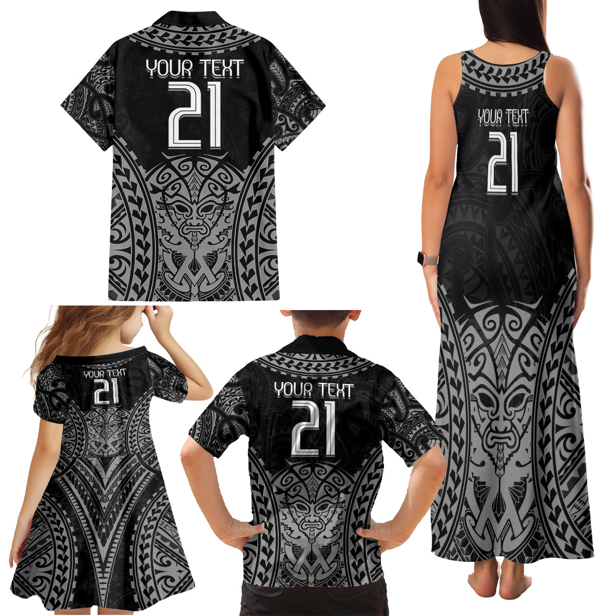 Custom New Zealand Rugby Family Matching Tank Maxi Dress and Hawaiian Shirt Maori All Black Warrior Tribal Tattoo