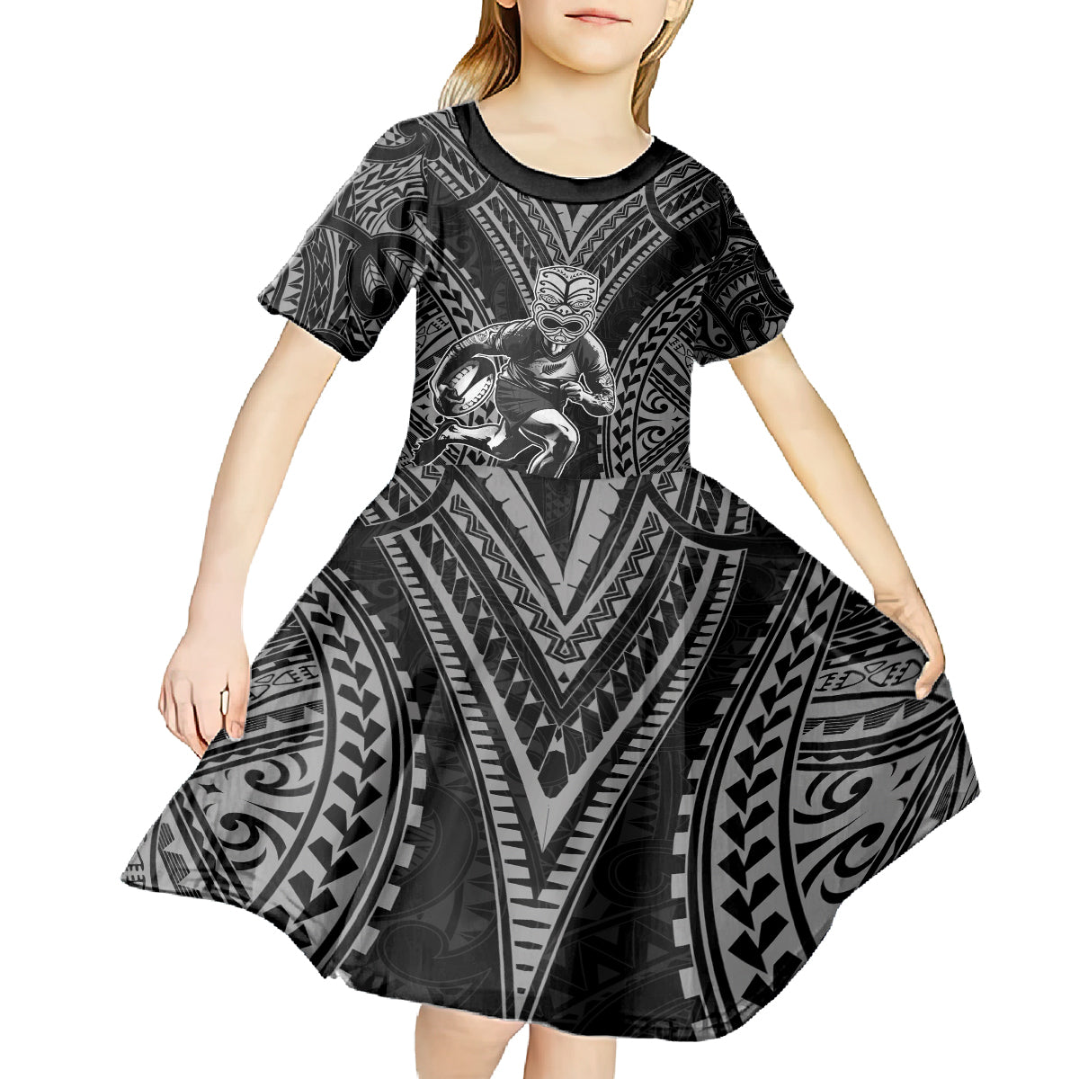 Custom New Zealand Rugby Kid Short Sleeve Dress Maori All Black Warrior Tribal Tattoo - Vibe Hoodie Shop